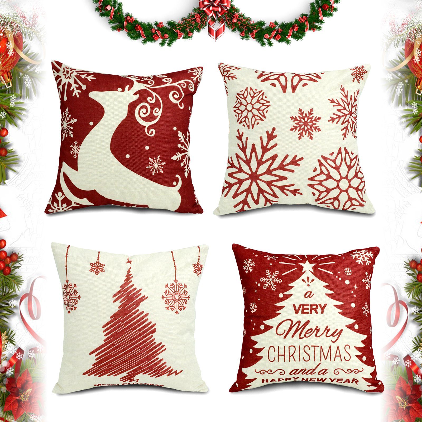 Kissenbezüge Leinenlook für Zierkissen, Sofakissen, Weihnachts-Kissenbezüge, CALIYO, 4 Stück Kissenbezug zu Weihnachten