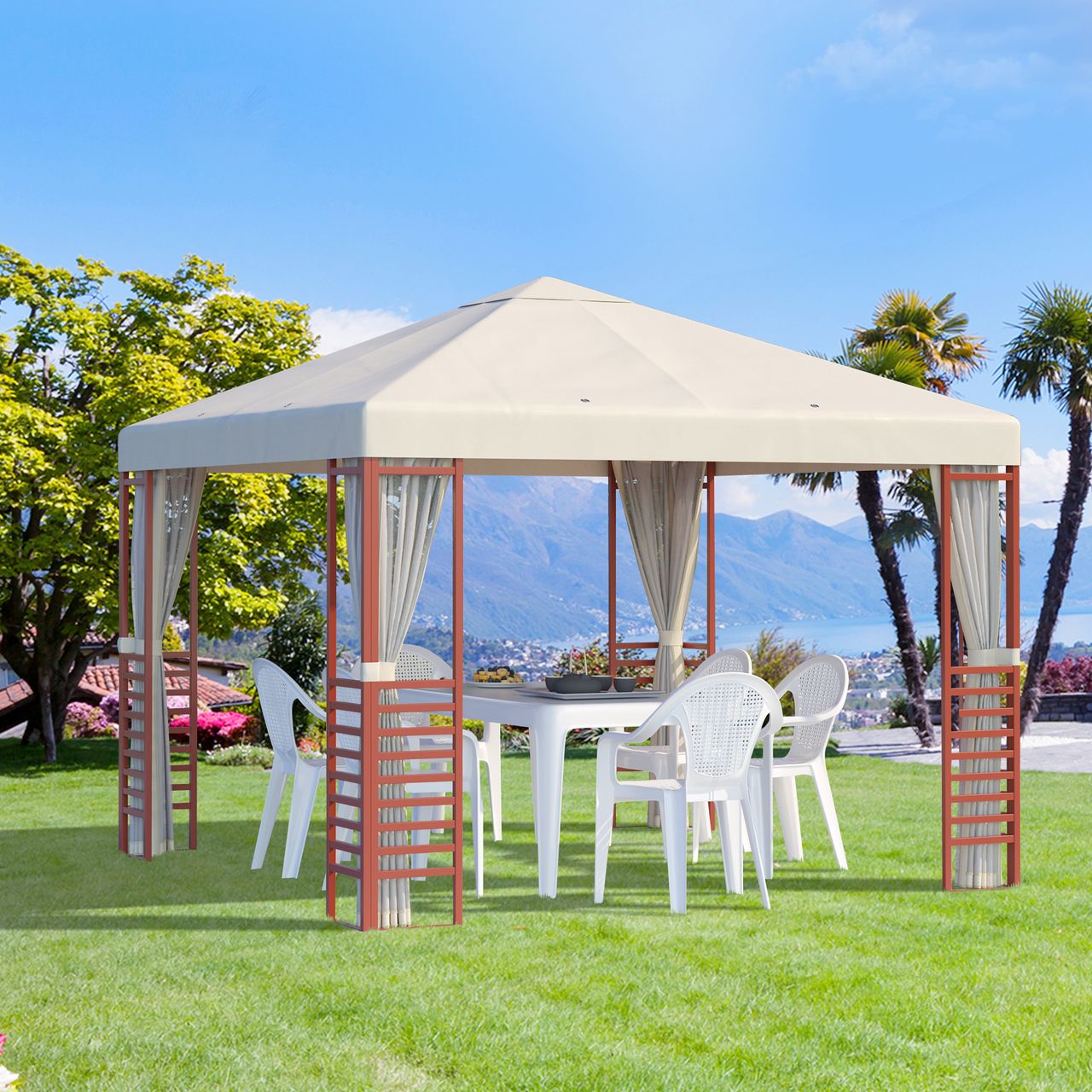Outsunny Gartenpavillon Partyzelt, Gartenzelt mit Fliegennetzen