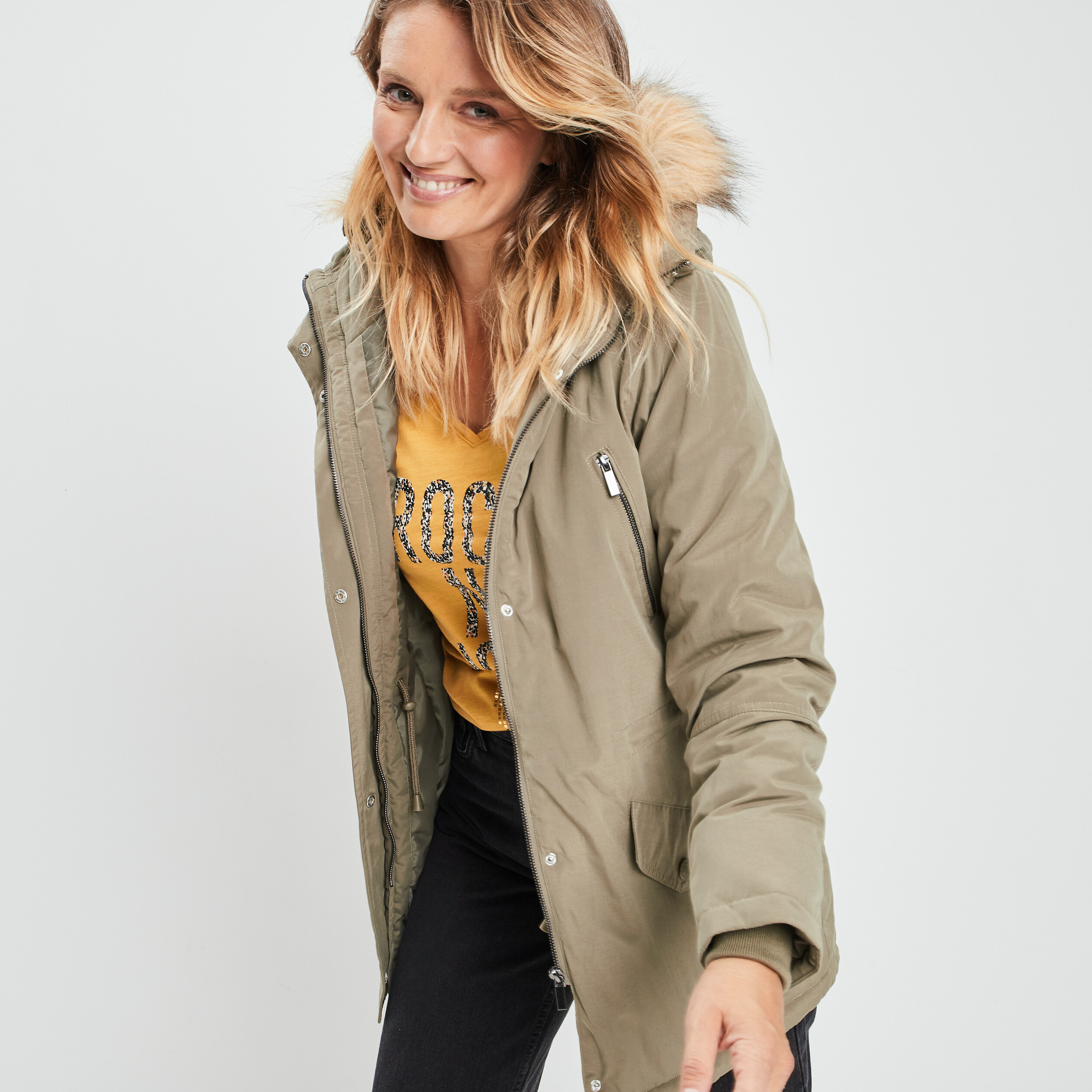 Parka droite à capuche vert kaki femme | La Halle