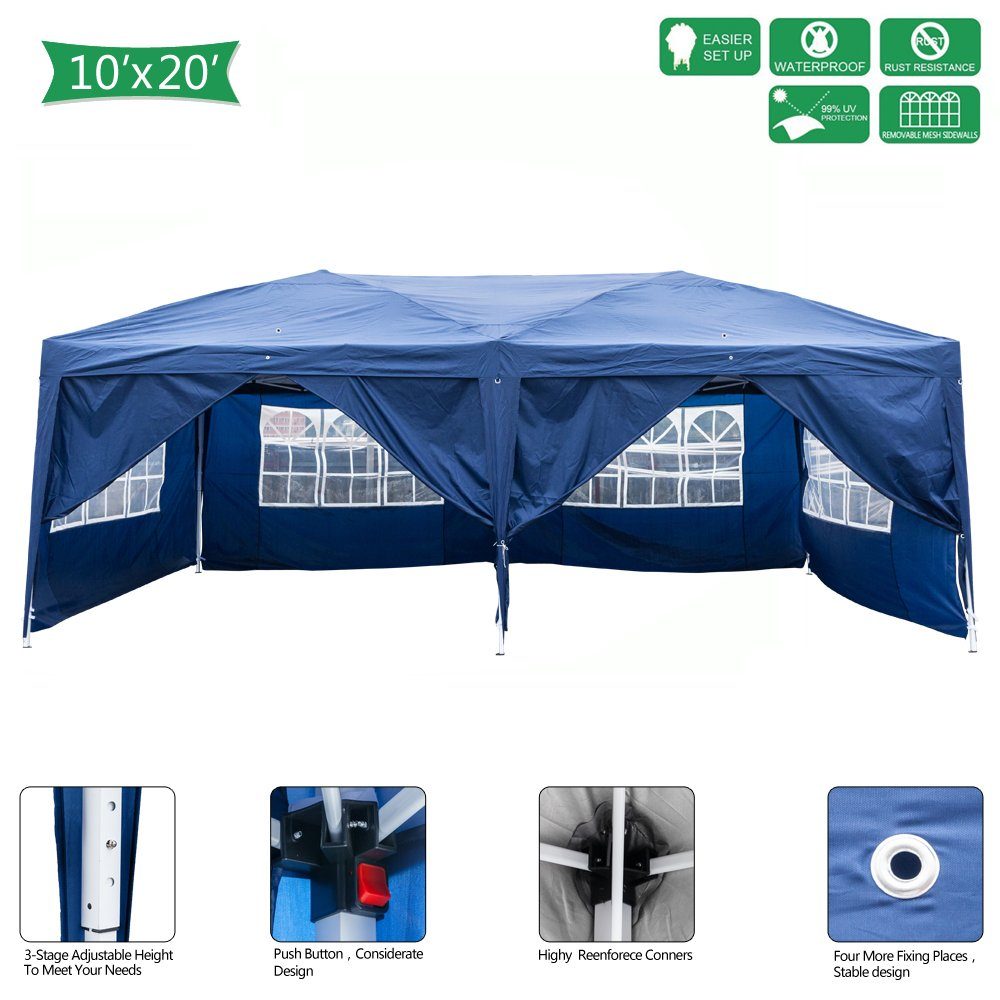 FCH Faltpavillon, Wasserdicht Pavillon Gartenzelt, 3 x 6 m mit 6 Seitenteilen, Blau