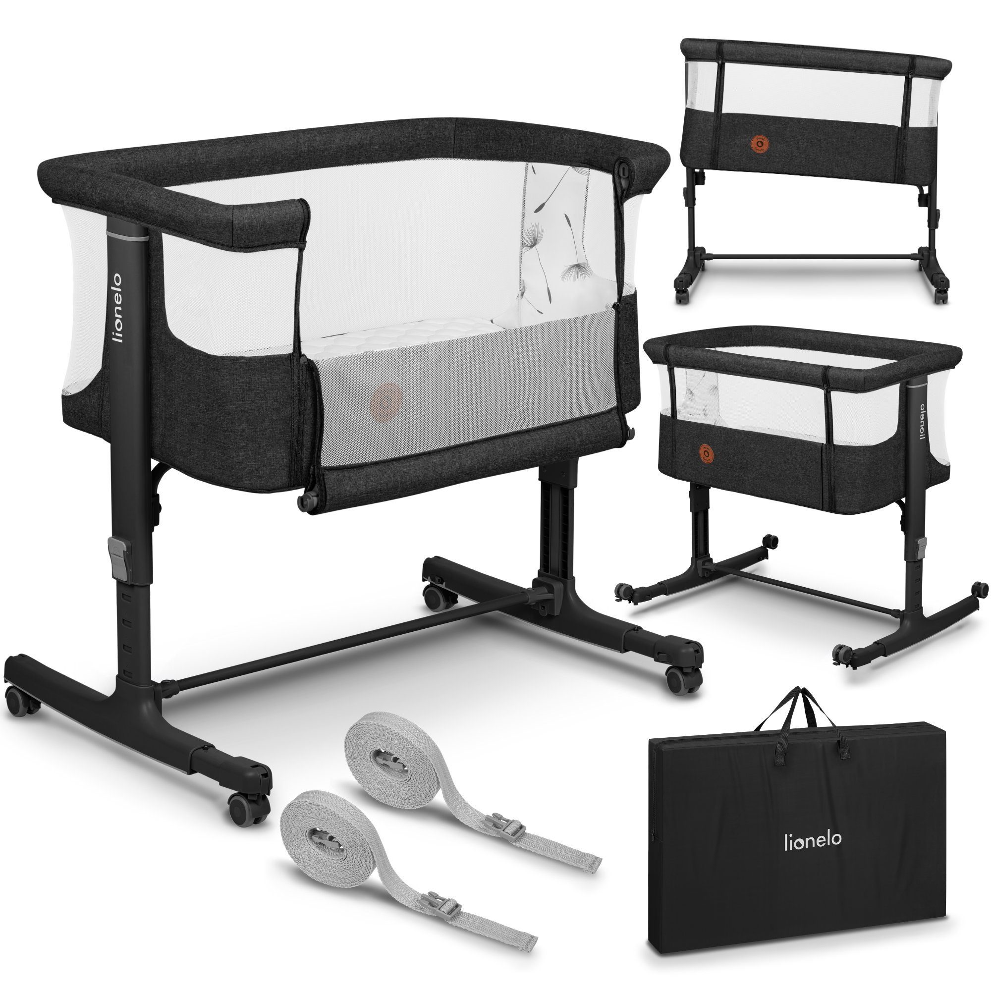 lionelo Baby-Reisebett AURORA, 3-in-1: Beistellbett, Babywiege, freistehendes Babybett