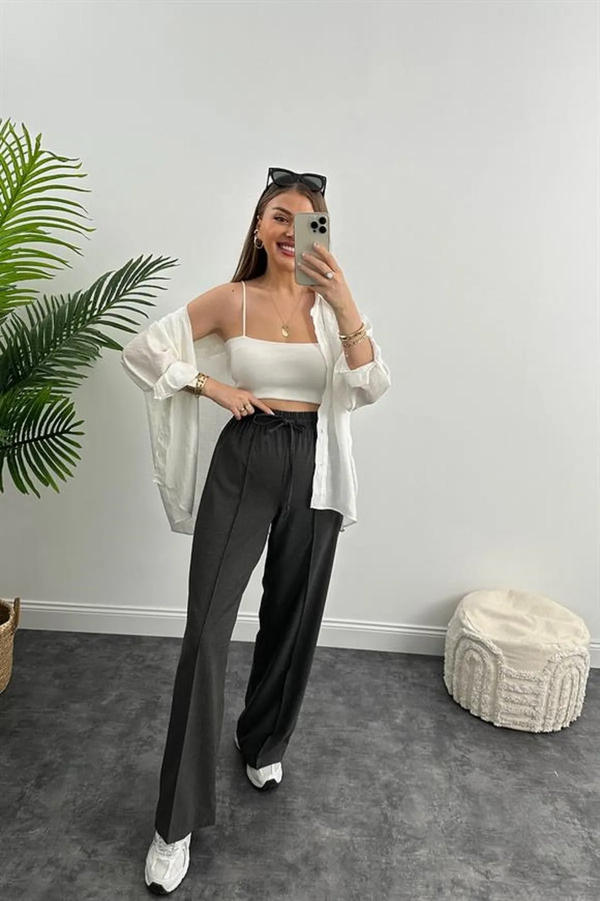 Laluvia  Anthrazitfarbene Hose mit hoher Taille und elastischer Taille vorne