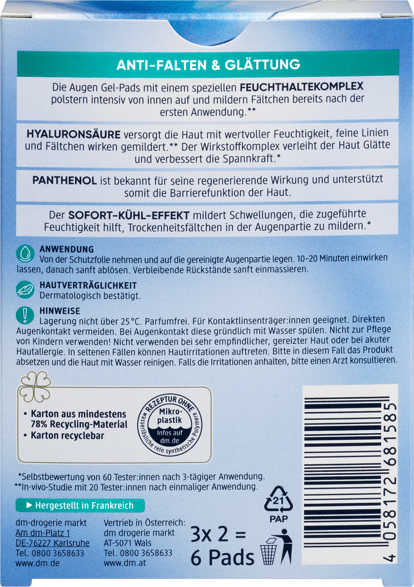 Augen Gel-Pads Beauty Hyaluron (3 Paar), 6 St