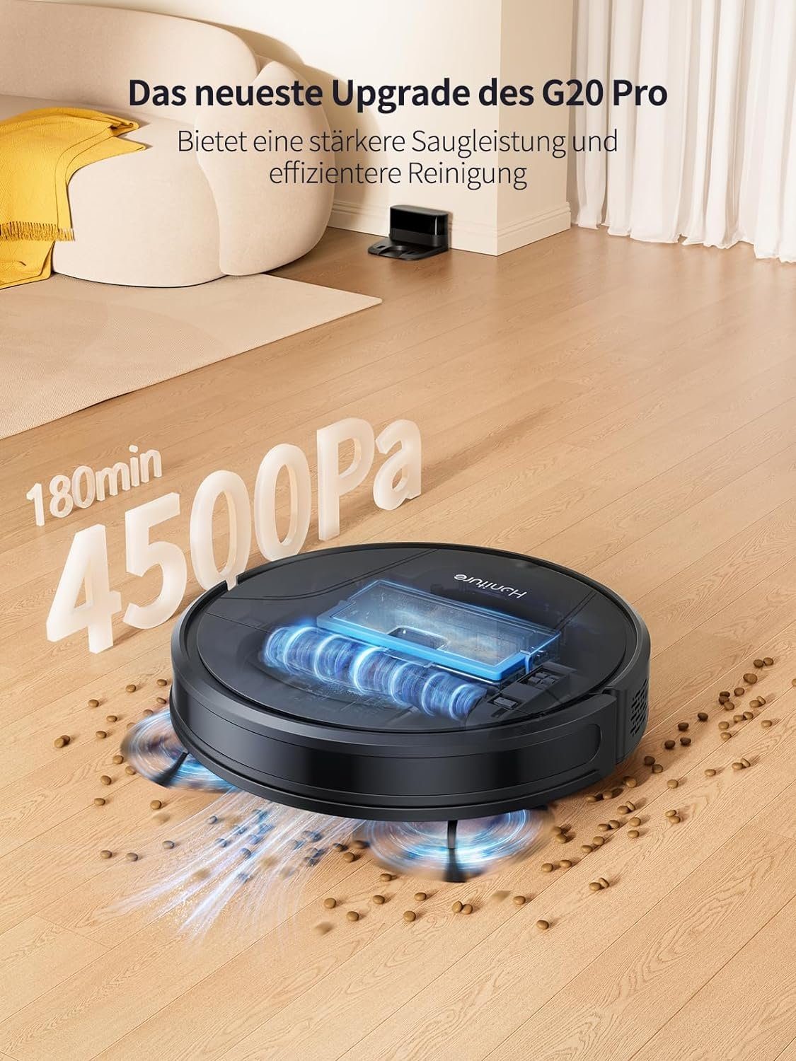 Honiture Saugroboter, Saugroboter mit Wischfunktion,G20 Pro Staubsauger Roboter mit 4500Pa Starke Saugkraft,7,6 cm Roboterstaubsauger mit APP Steuerung 180 Min Laufzeit