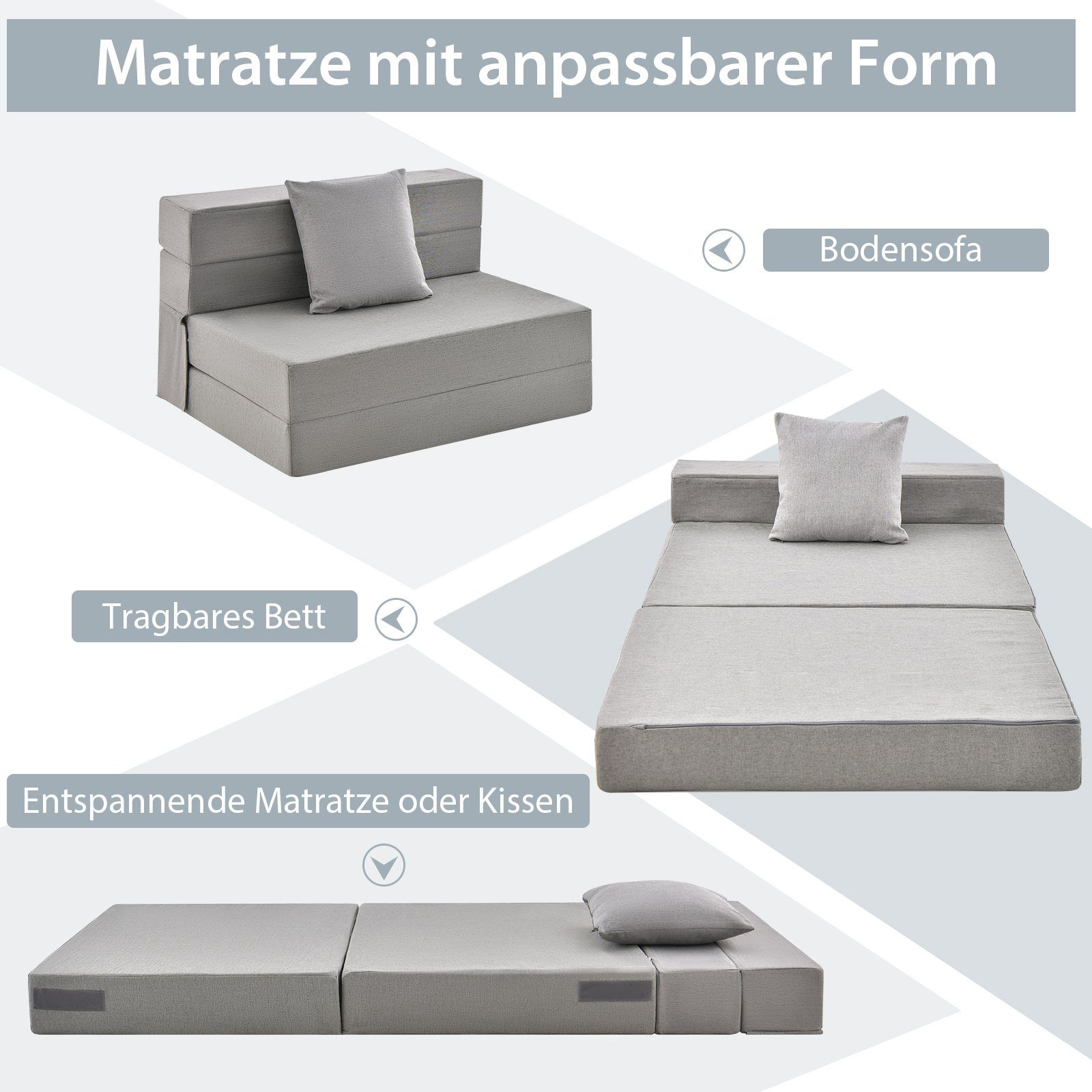 Klappmatratze, COSTWAY, 62 cm hoch, mit Kissen & waschbarem Bezug, 190x100x15 cm