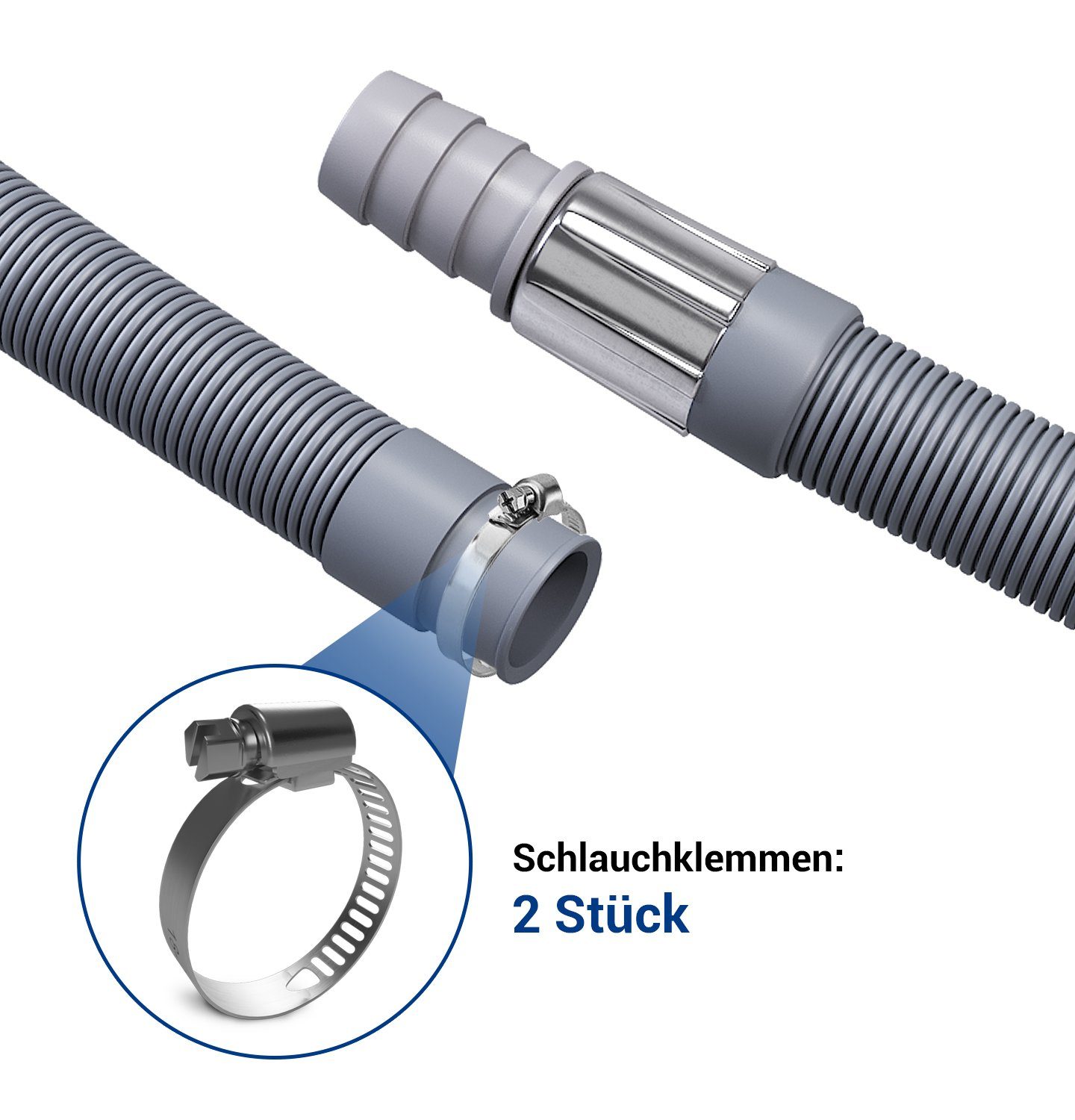 VIOKS Ablauf-Schlauchverlängerung SET: 1x Schlauchverlängerung plus 2x Schlauchschellen, Zubehör für Waschmaschine, Spülmaschine, Schlauch Länge 1 m / 2 m / 2,5 m