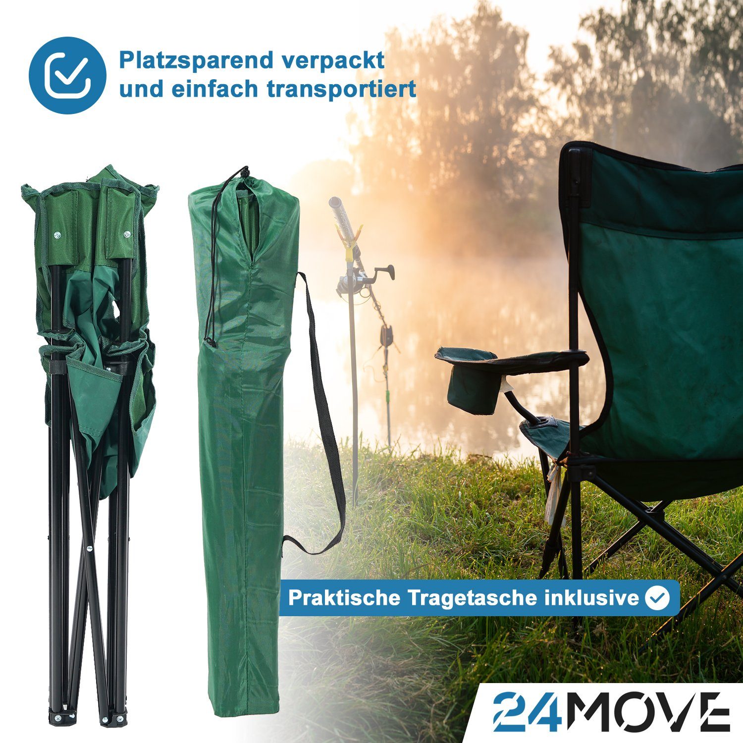 24Move Campingstuhl 24MOVE® Campingstuhl faltbar,Anglerstuhl,Liegestuhl mit Getränkehalter (bis max. 100 kg), mit Tragetasche, grün, Klappstuhl, bis 100kg belastbar