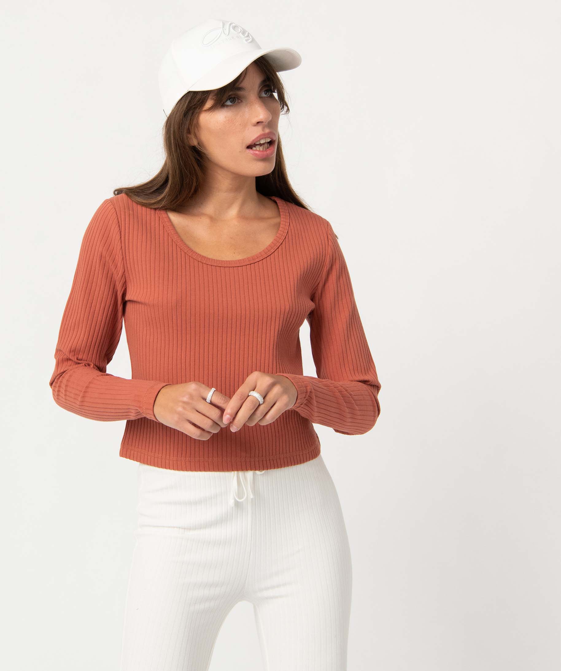 Tee-shirt femme à manches longues en maille ctelée rouge | GEMO