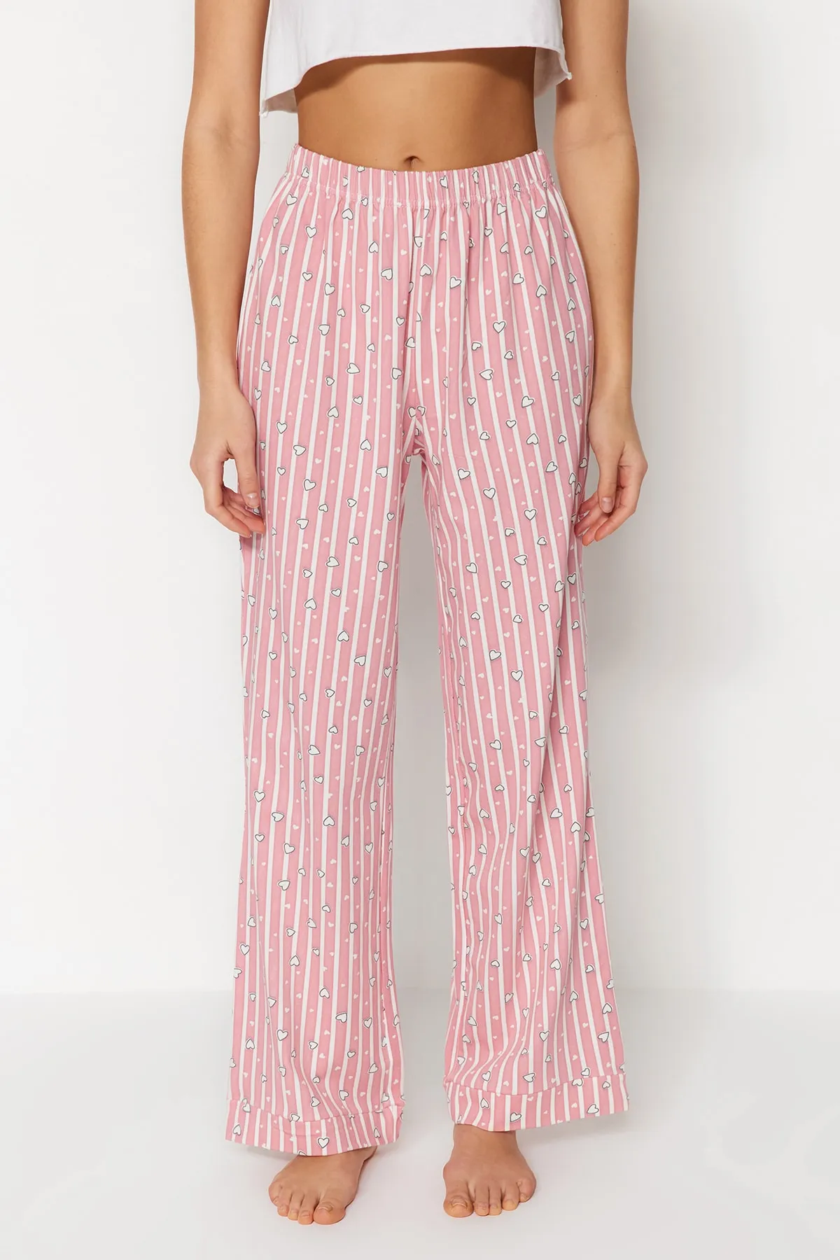 Trendyol Collection  Gestreifte gestrickte Pyjamahose aus rosa Baumwolle THMSS23PJ00002