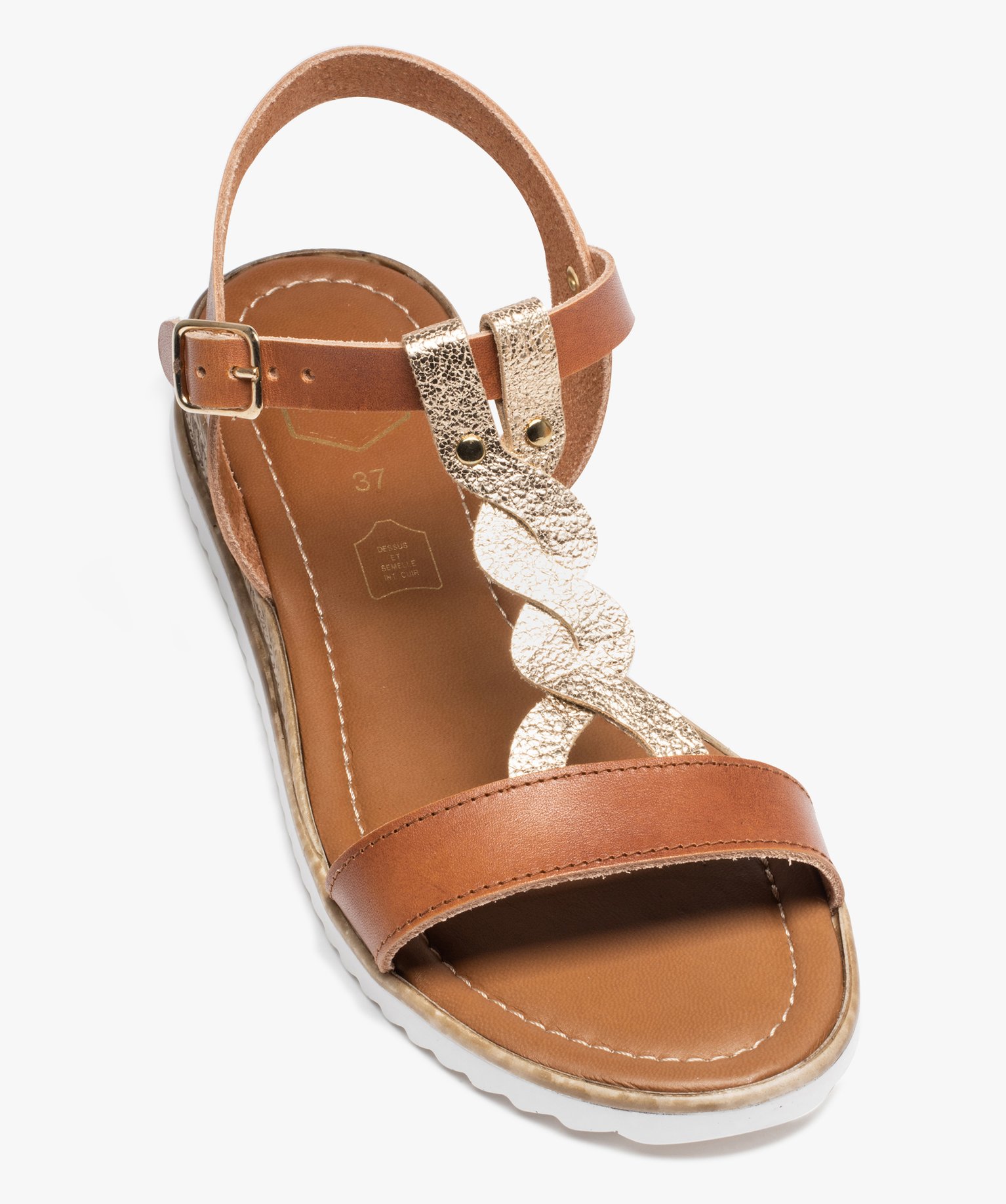Sandales femme compensées en cuir avec détail tressé doré - Taneo