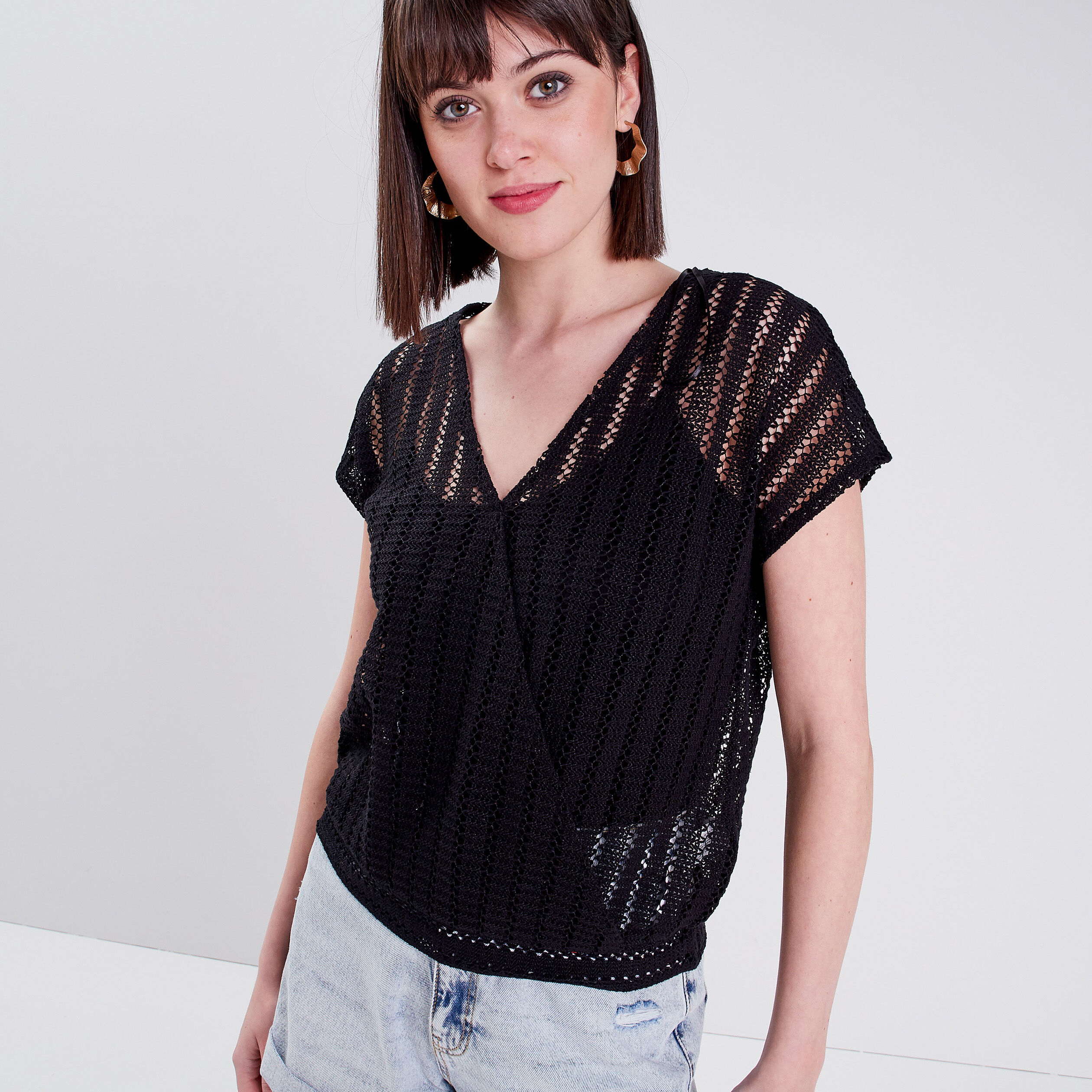 T-shirt manches courtes noir femme | Cache Cache