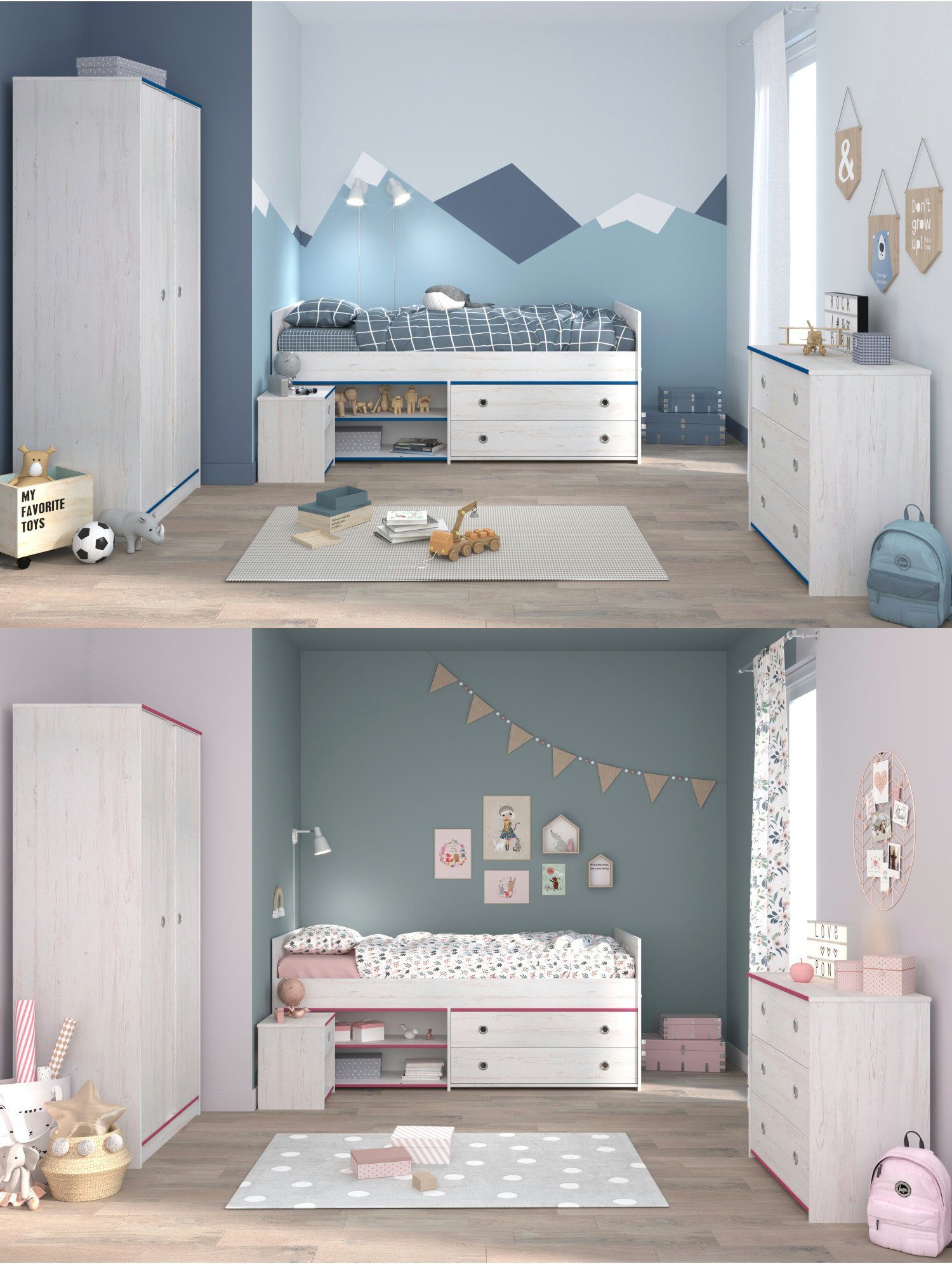 Parisot Jugendzimmer-Set Smoozy, (Komplett Set, 4-St., in verschiedenen Zusammenstellungen wählbar), Kanten in Blau ODER Pink, bei Aufbau frei wählbar!