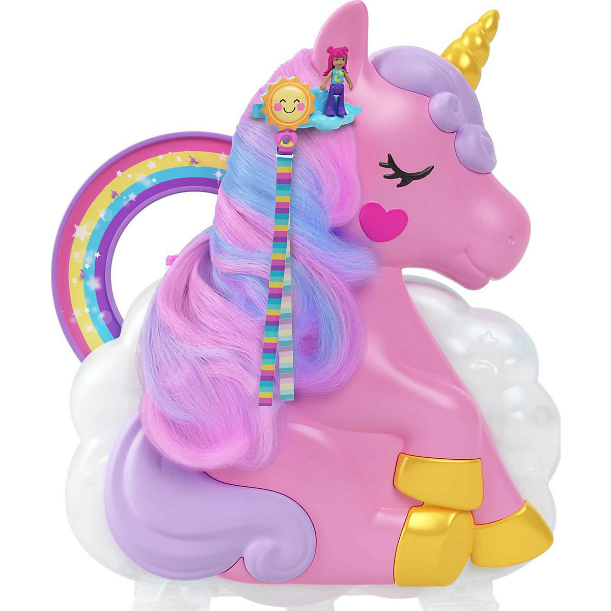 Polly Pocket Mini-Spielzeug, Regenbogen-Einhorn-Salon-Spielset mit 2 Puppen und über 20 Zubehörteilen