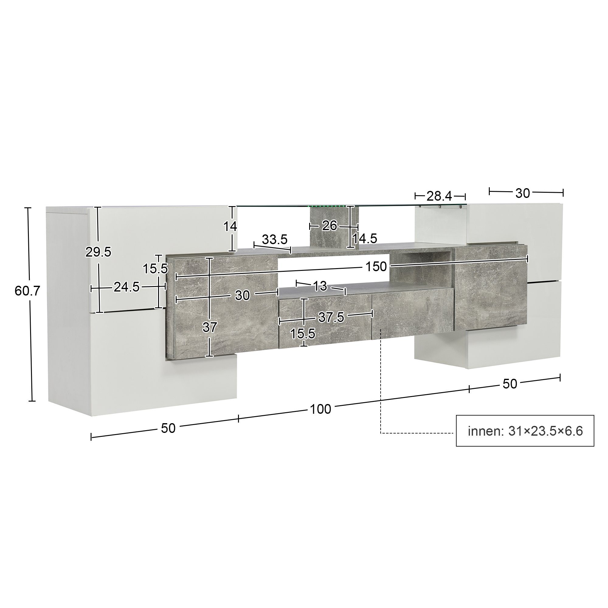 OKWISH TV-Schrank Lowboard TV Schrank (1-St., Weiß+Grau, 200 cm) LED-Beleuchtung, Wohnzimmermöbel. modernes Design
