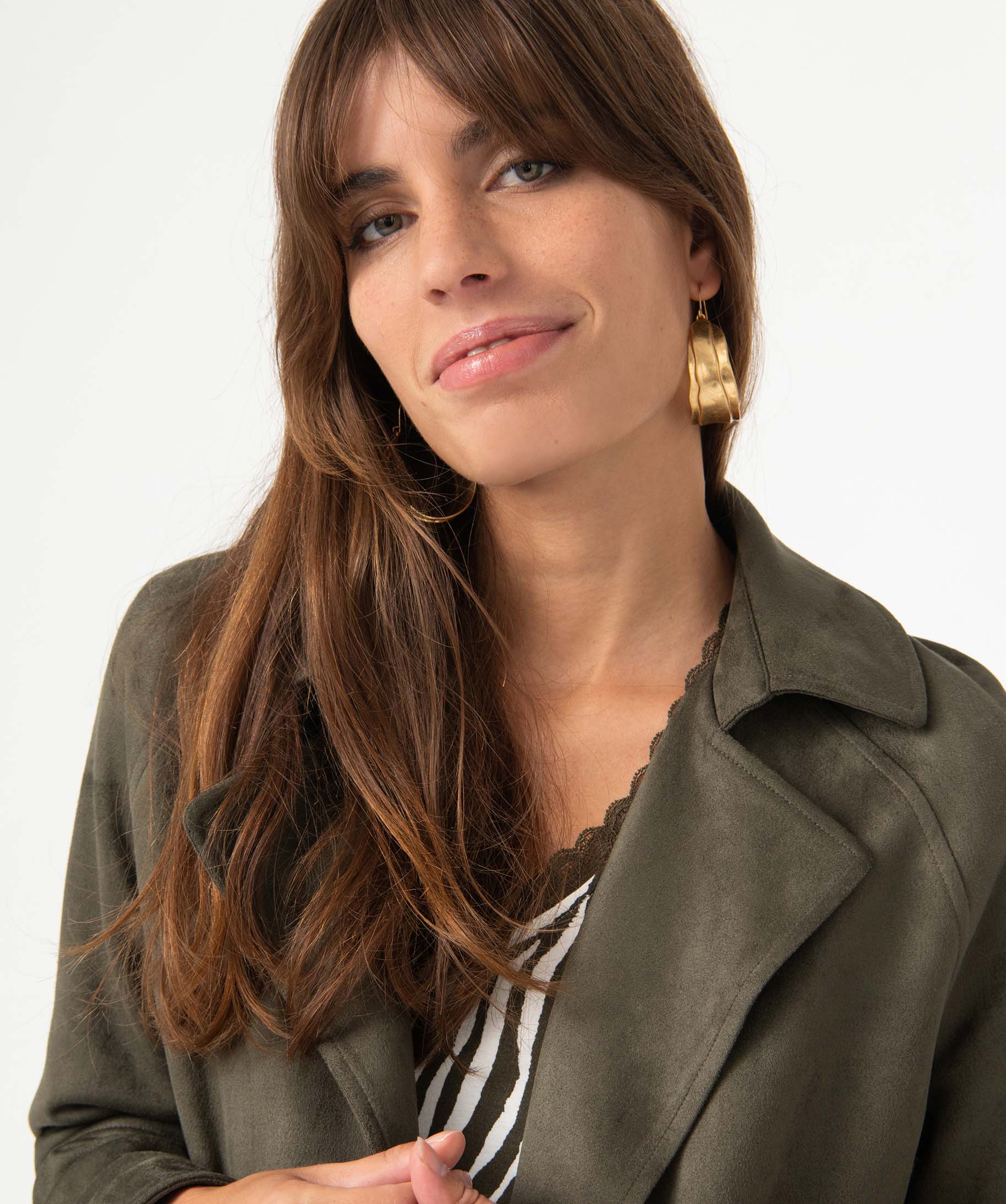 Manteau trench en suédine avec ceinture femme kaki | GEMO