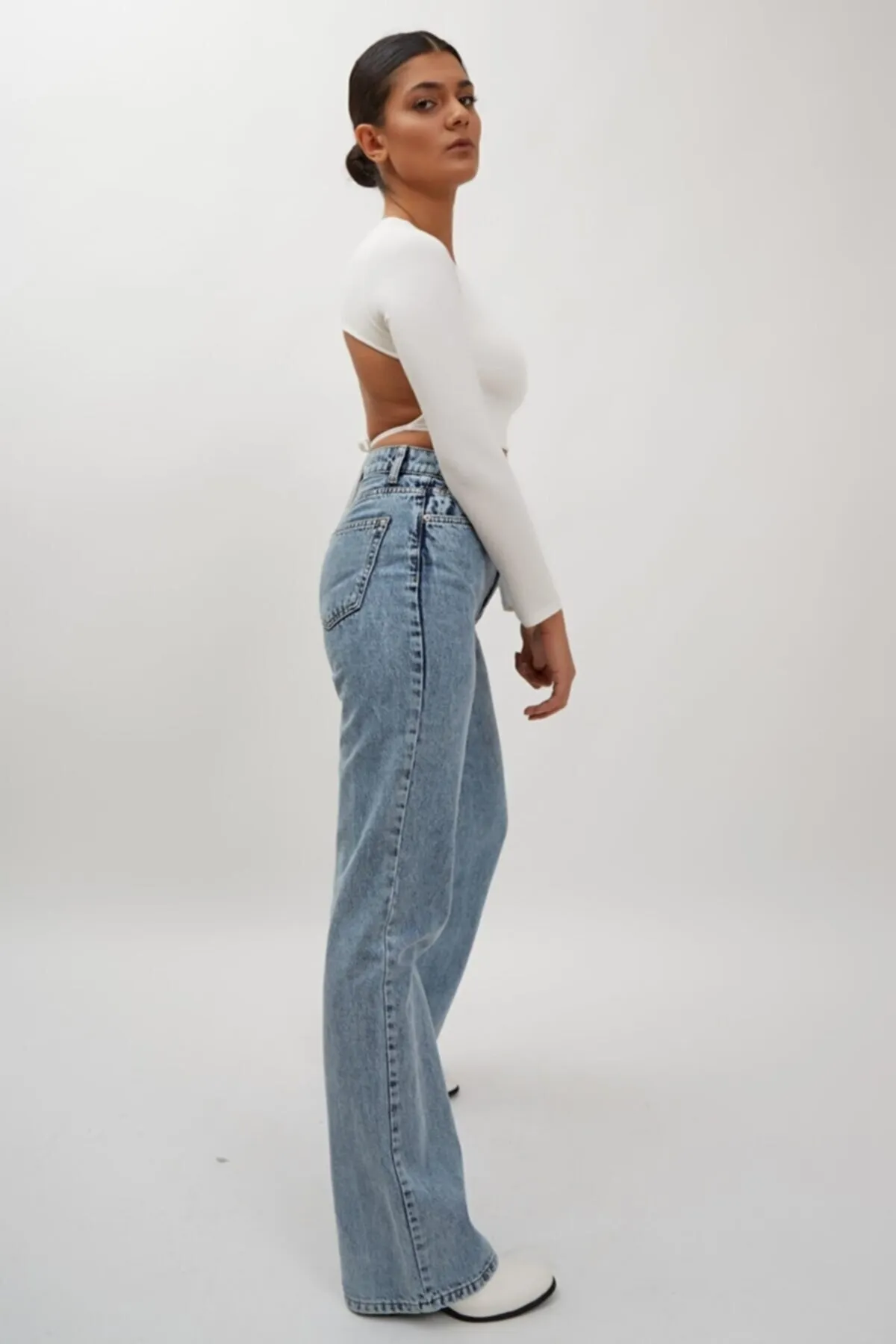 Ramrod  Amanda 90er Jahre Snow Wash Blue Lycra Super High Waist Loose Jeans Palazzo-Hose