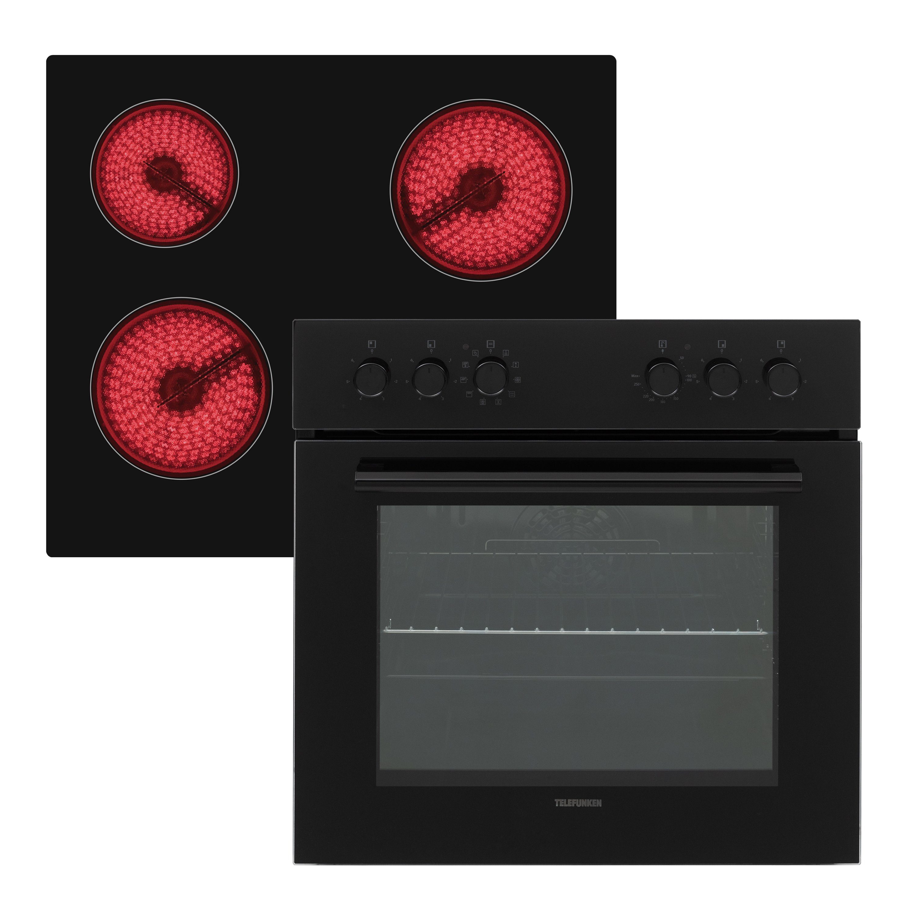 Telefunken Elektro-Herd-Set ECH65A-B, VapClean, Einbauherdset, 65 L, Backofen mit Grill & Umluft, Glaskeramik-Kochfeld