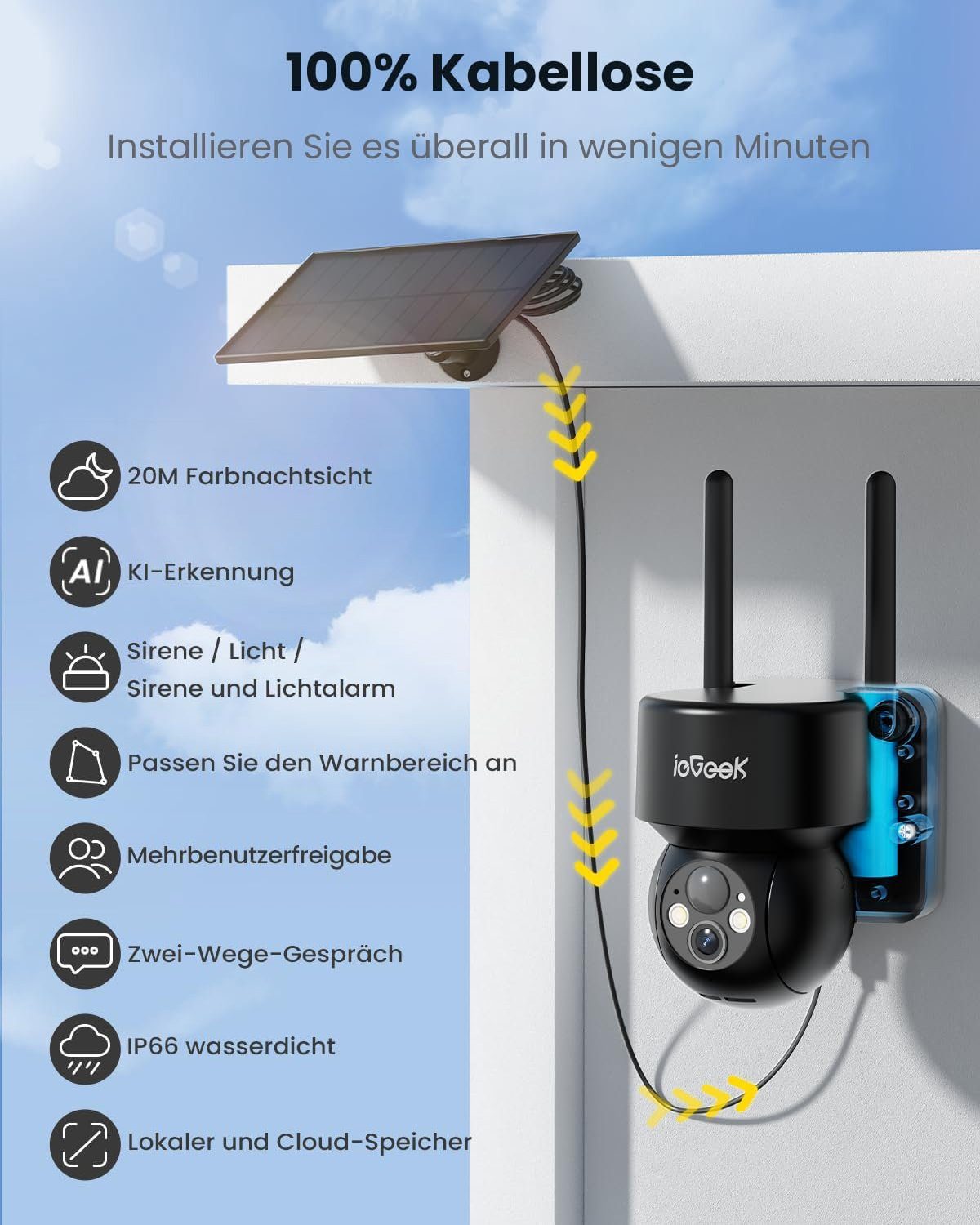 ieGeek 2K Solar Überwachungskamera Aussen akku 355°/120° Pan Tilt WLAN Kamera Überwachungskamera (AuBenbereich, 4X ZOOM,Solarpanel,Mit 32GB SD KARTE, LED-Licht, Humanoiderkennung/PIR-Erkennung, 2-Wege-Audio, Cloud/SD, Alexa, Sirene/Lichtalarm, Videov