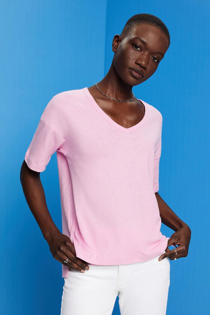 T-Shirt mit V-Ausschnitt aus Leinen-Mix