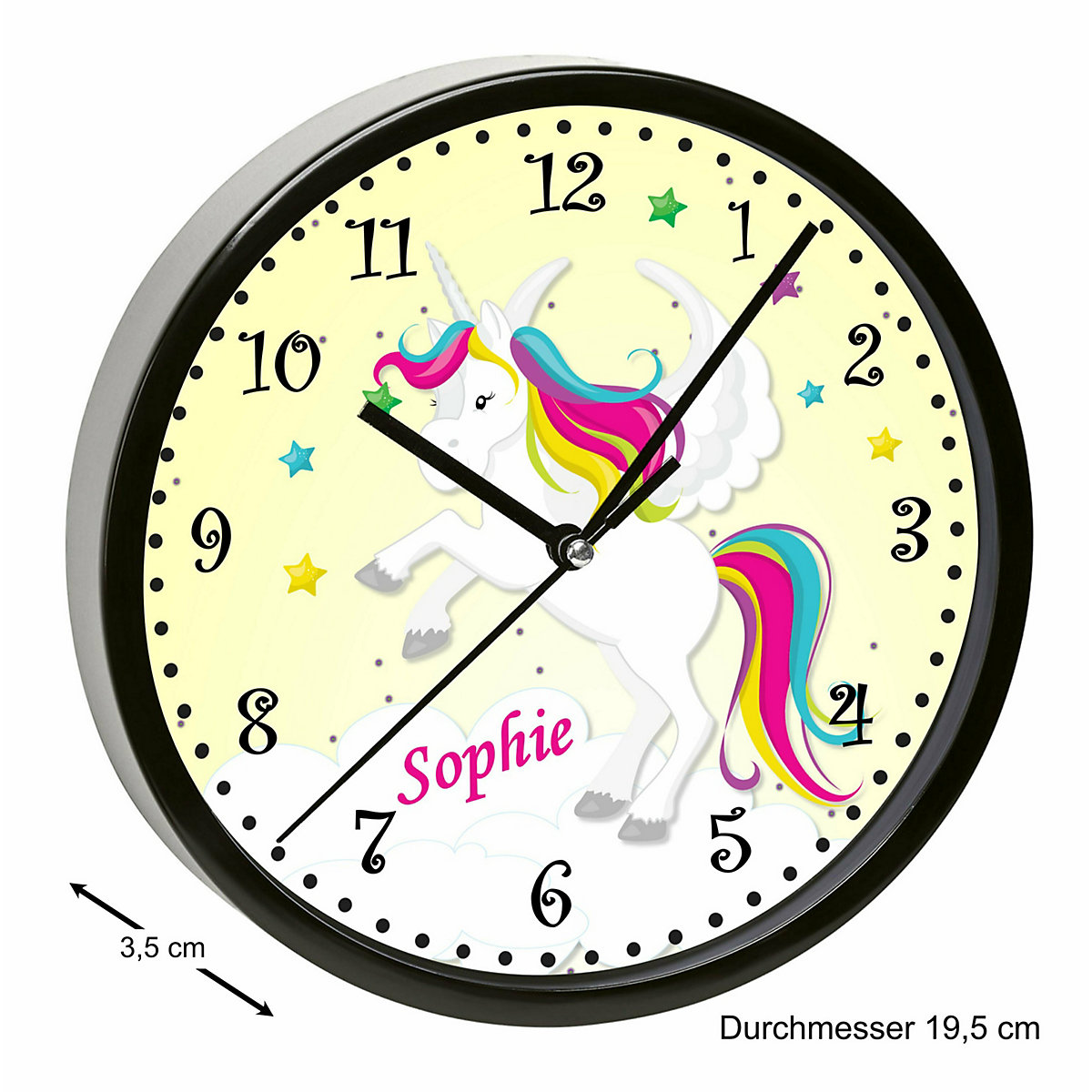 Kinder Wanduhr personalisiert mit Name Pegasus Gelb