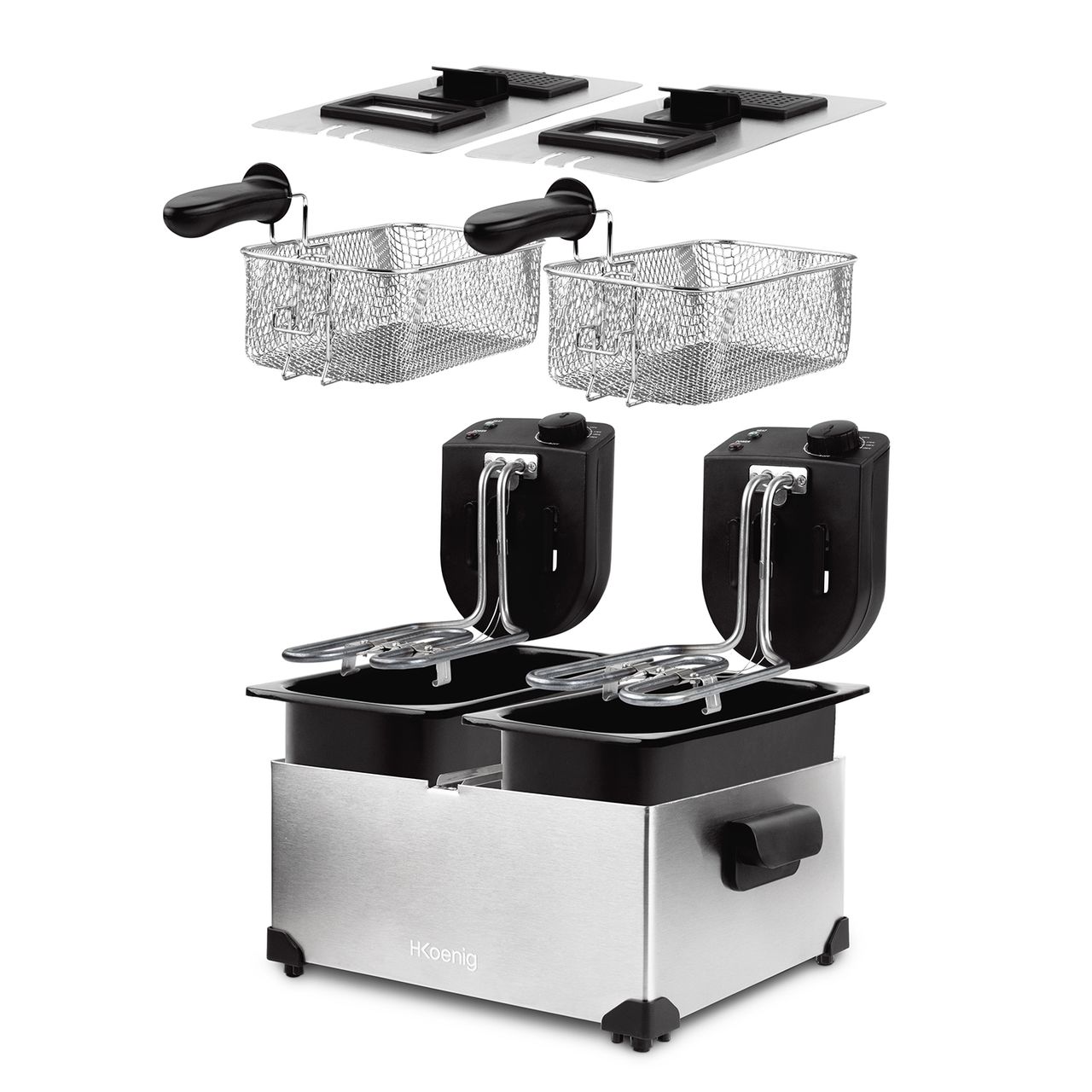 H.Koenig DFX600 Fritteuse aus Edelstahl, Doppelbecken, 2 unabhängige Thermostate je 3L, herausnehmbare spülmaschinenfeste Körbe, Geruchsfilter, Überhitzungsschutz
