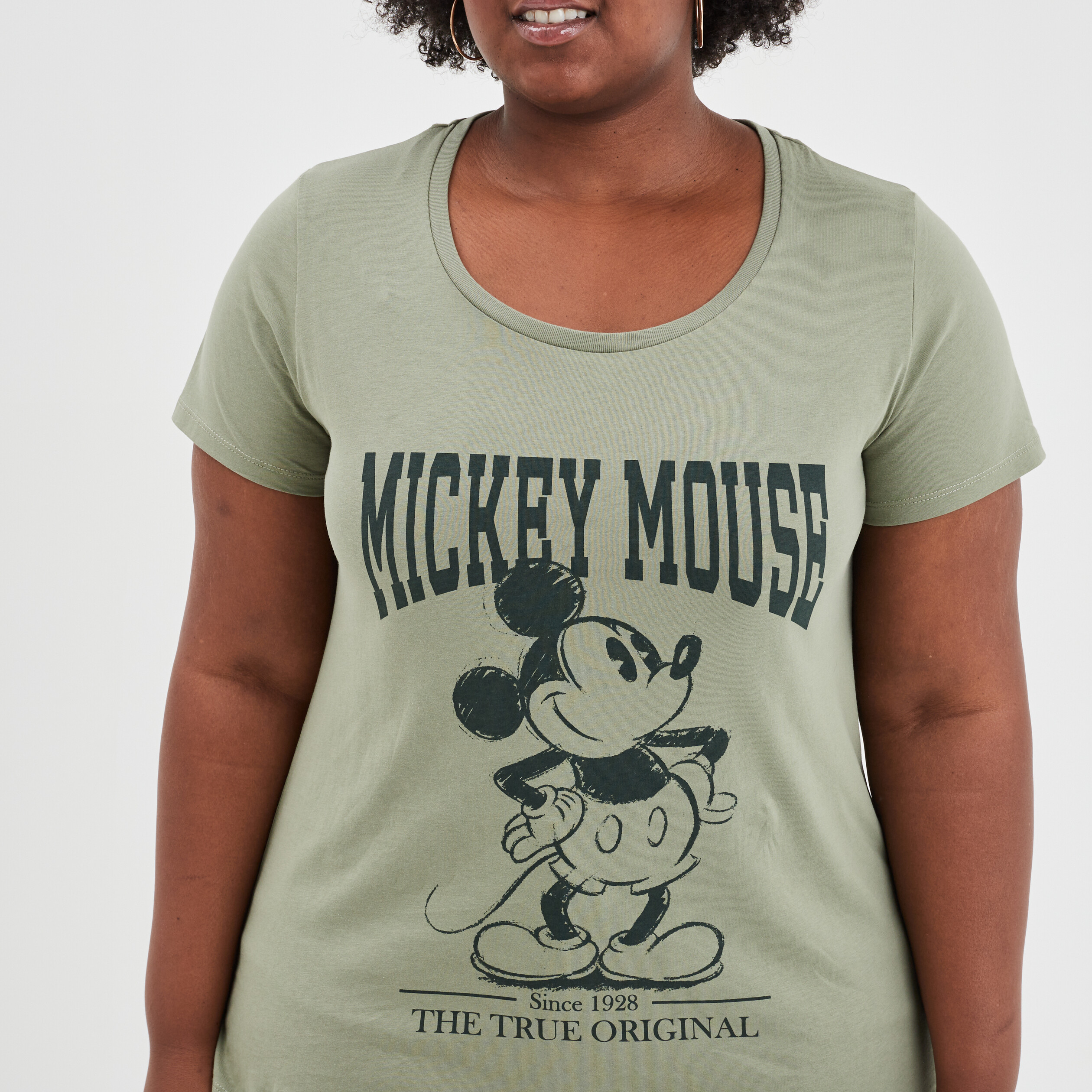 T-shirt col rond manches courtes Mickey vert kaki femme grande taille | La Halle
