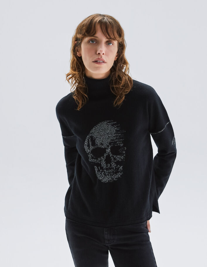 Pull noir col roulé tricot visuel tête de mort Femme