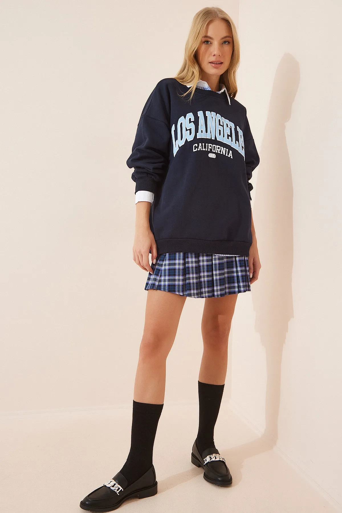 Happiness İstanbul  Marineblaues, bedrucktes Strick-Sweatshirt mit Reliefmuster für Damen DZ00064