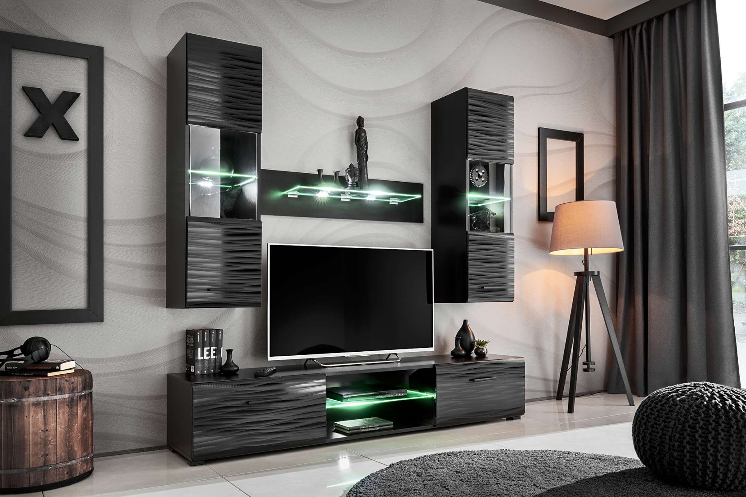 Stylefy Wohnwand Berta, (Wohnmöbel, Wohnzimmer-Set), 2×Hängevitrine, 1×Lowboard, 1×Wandregal, LED-Beleuchtung, Glaseinsatz