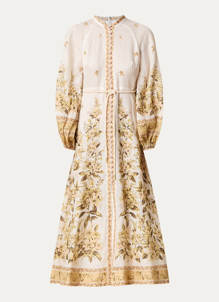 Zimmermann linen midi shirt dress with floral print and tie belt