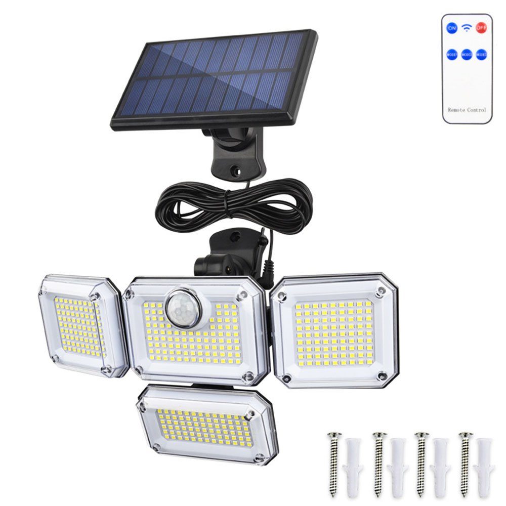 Rosnek LED Gartenleuchte Solar, 4 Köpfe, Bewegungssensor, für Außen Garage Innenhof Hof, Kaltweiß, wasserdicht, Fernbedienung, mit 5M Kabel