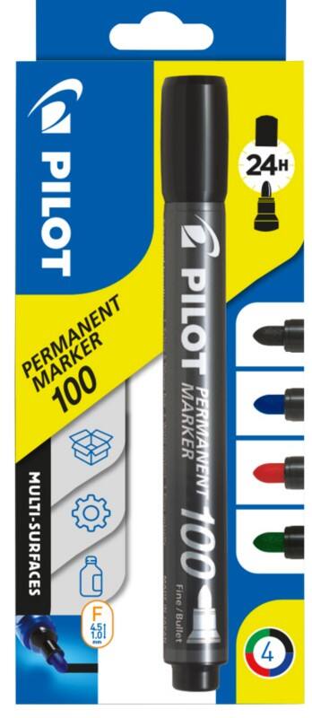 Pilot 100 Permanentmarker Fein Rundspitze 1  mm Farbig sortiert 4 Stück