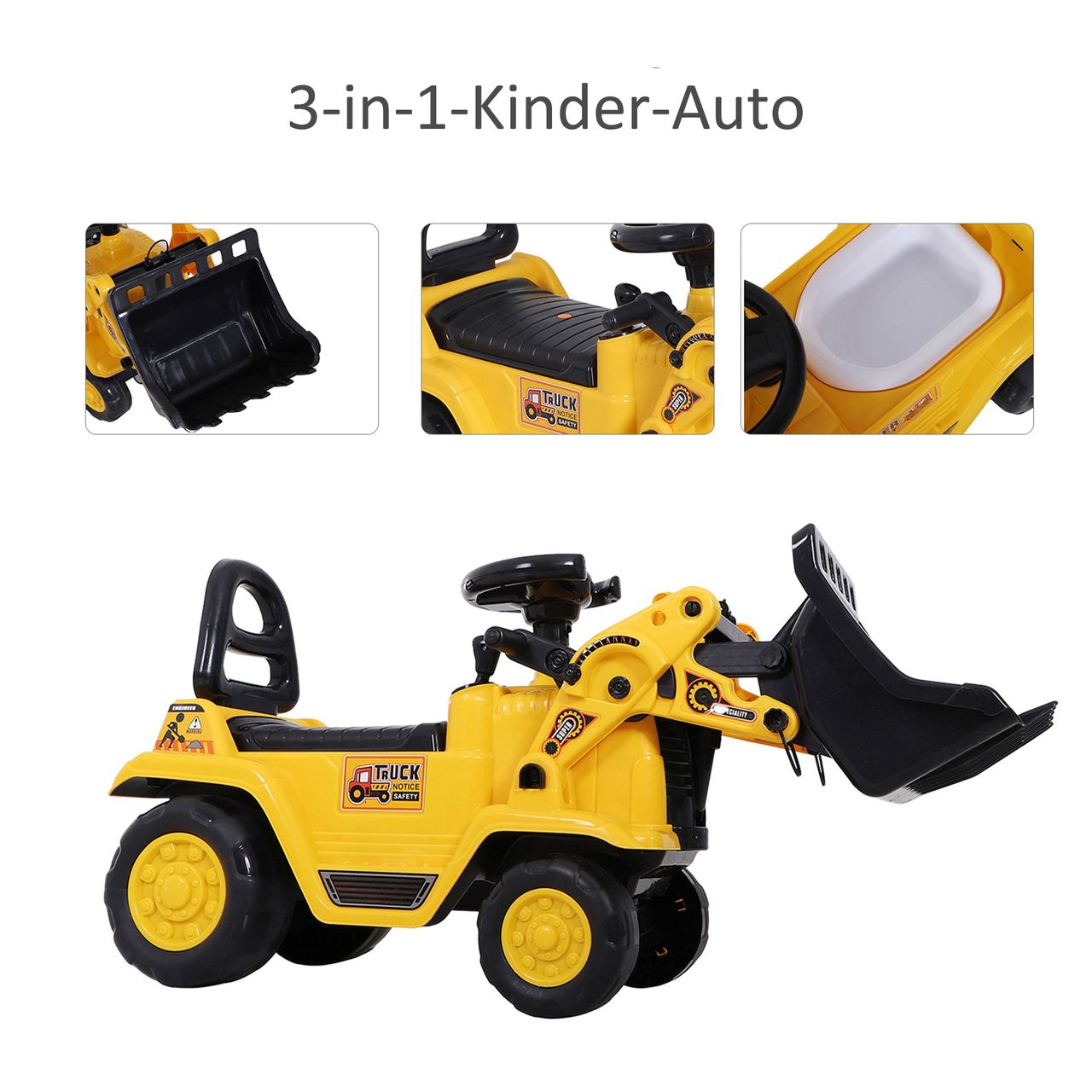 HOMCOM Sitzbagger mit eingebautem Ablagefach Kinder Rutscher Bagger mit Hupe