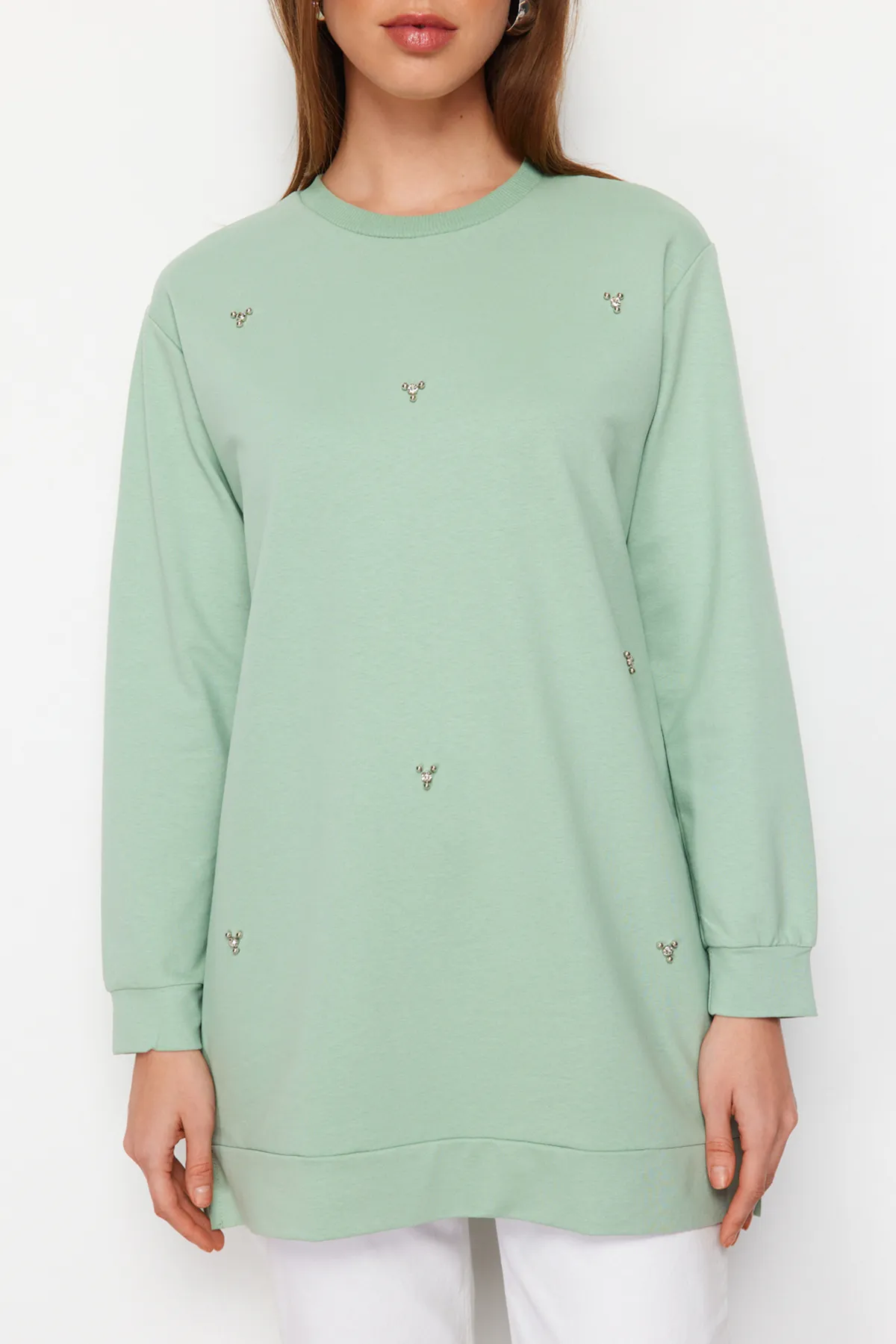 Trendyol Modest  Mintgrüne Stricktunika mit Rundhalsausschnitt und Steindetail TCTSS22TN0072