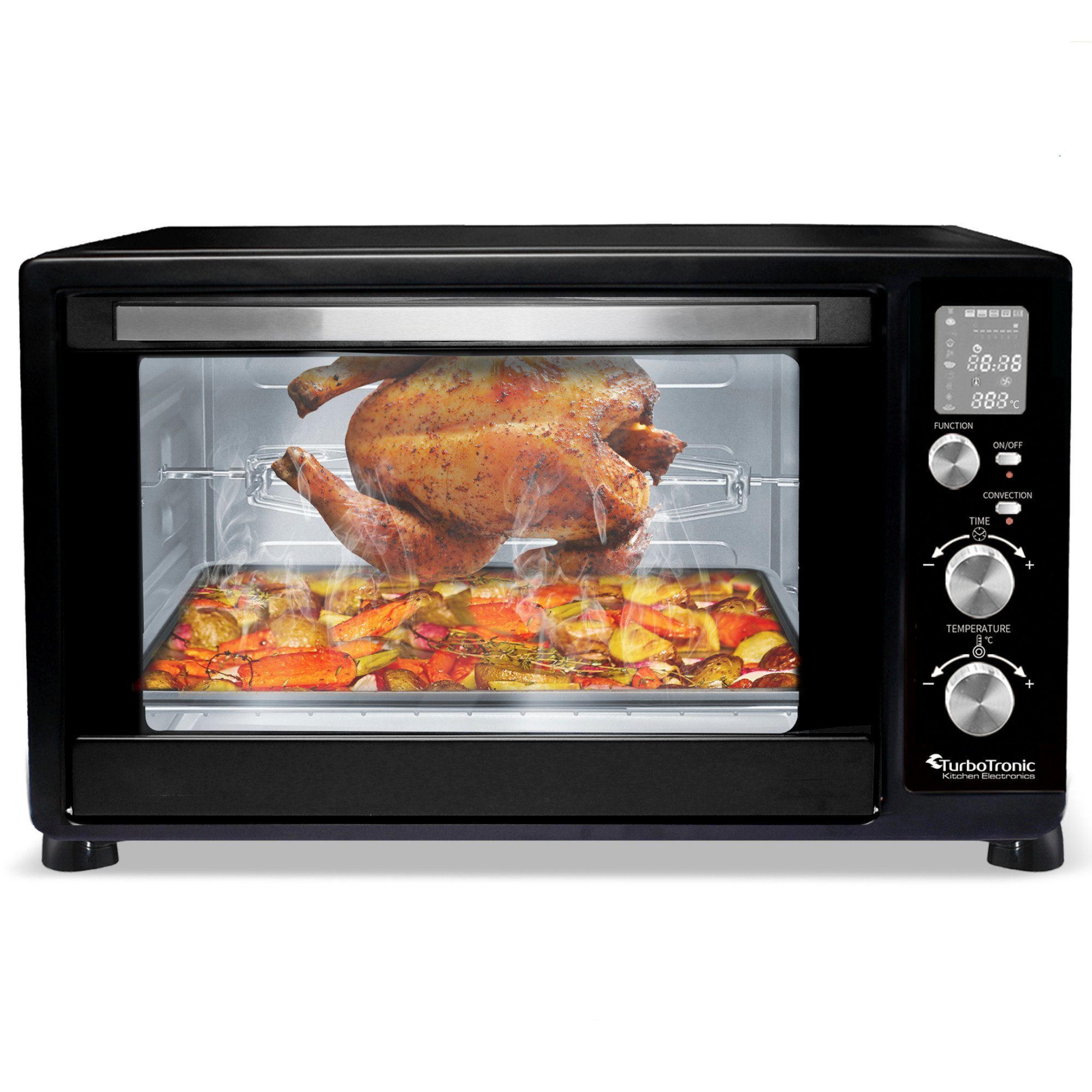 TurboTronic by Z-Line Minibackofen 45 L mit Umluft Drehspieß 2000W 2x Backblech Gitter Kompakt Elektro, Mini Tisch Backofen Camping Pizzaofen Digital