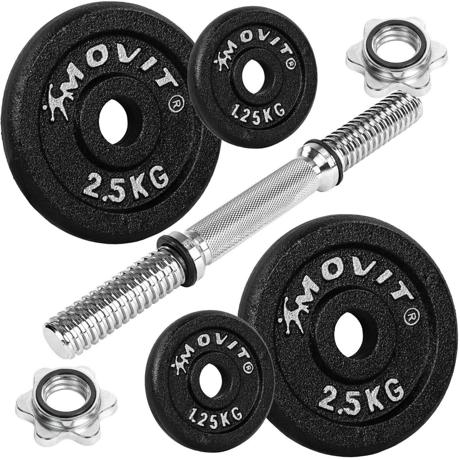 MOVIT Hantel-Set Movit® Kurzhantel PRO Set, Gusseisen Hantel, (Set, mit Kurzhantelstange), Stange 30mm Standardnorm, Griff gerändelt, mit Sternverschlüsse