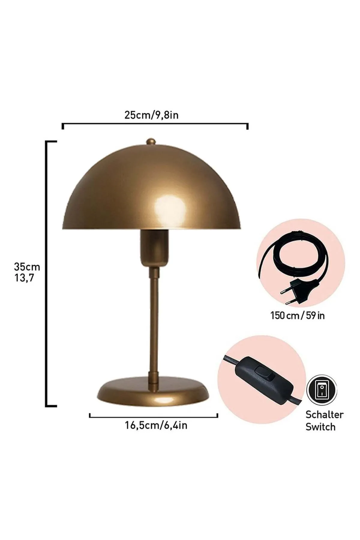 Bamyum  Lipeo Kleine Tischlampe 30cm, Pilz Lampe Metall, Antike Kupfer Lampe