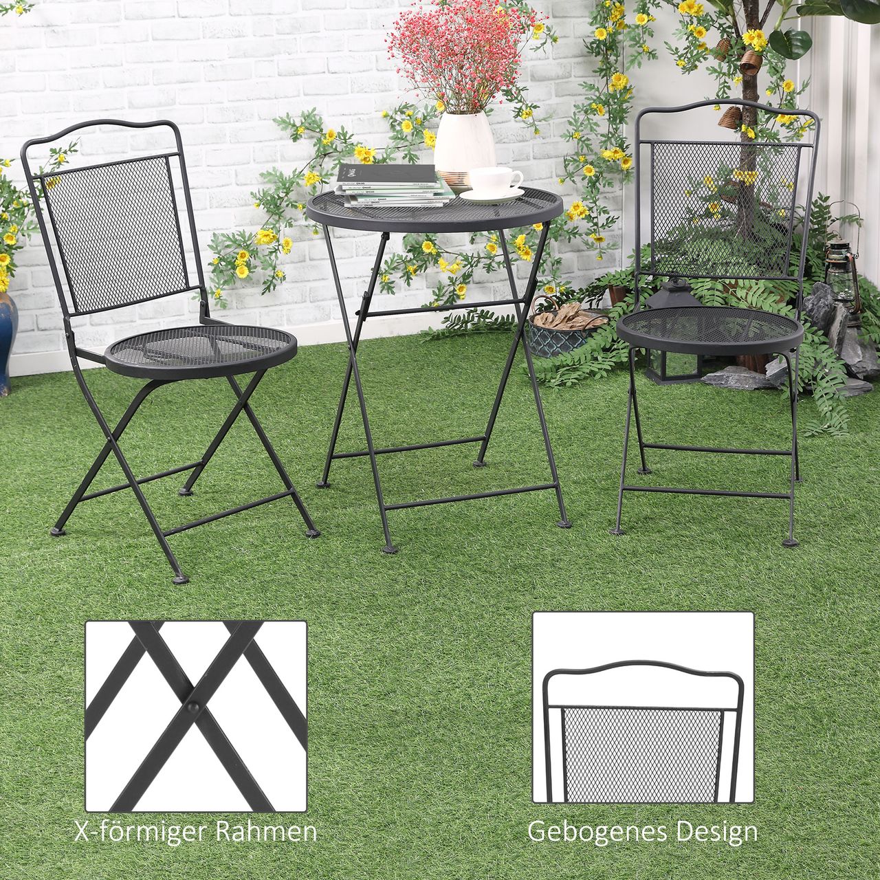 Outsunny Sitzgruppe 3-teilige Essgruppe Bistro-Set Gartenmöbel-Set Balkonmöbel Set 1 Tisch 2 Stühle mit Schirmloch Terrasse Metall Schwarz