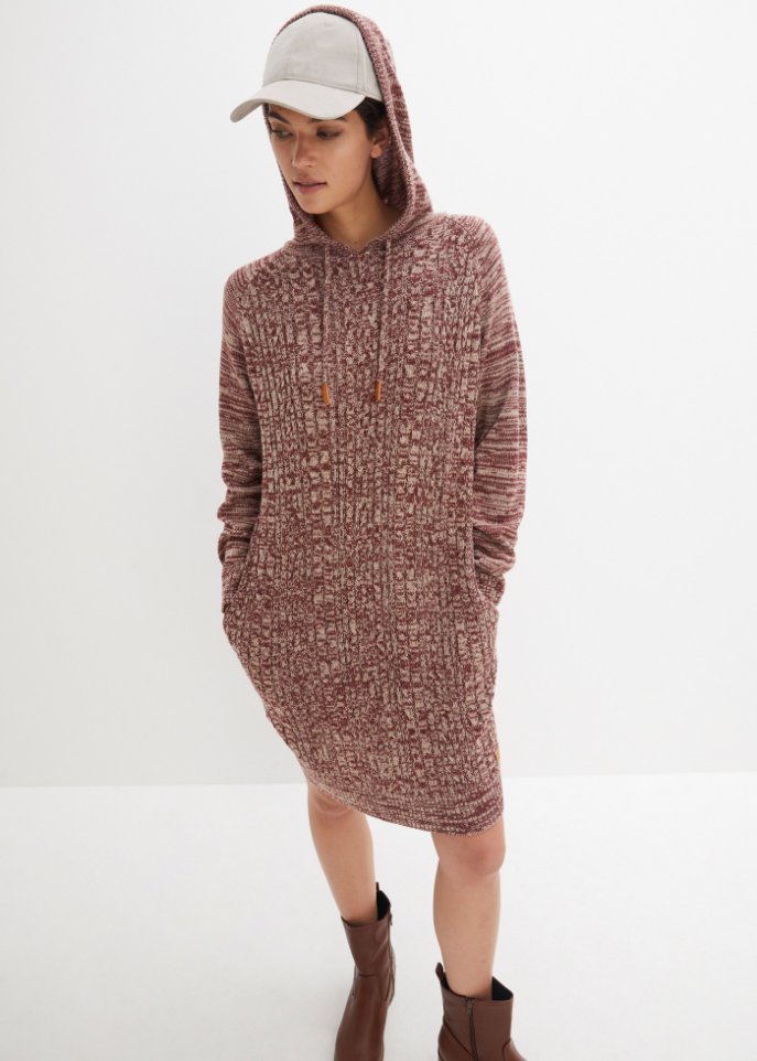Kapuzen-Strickkleid mit Zopfmuster