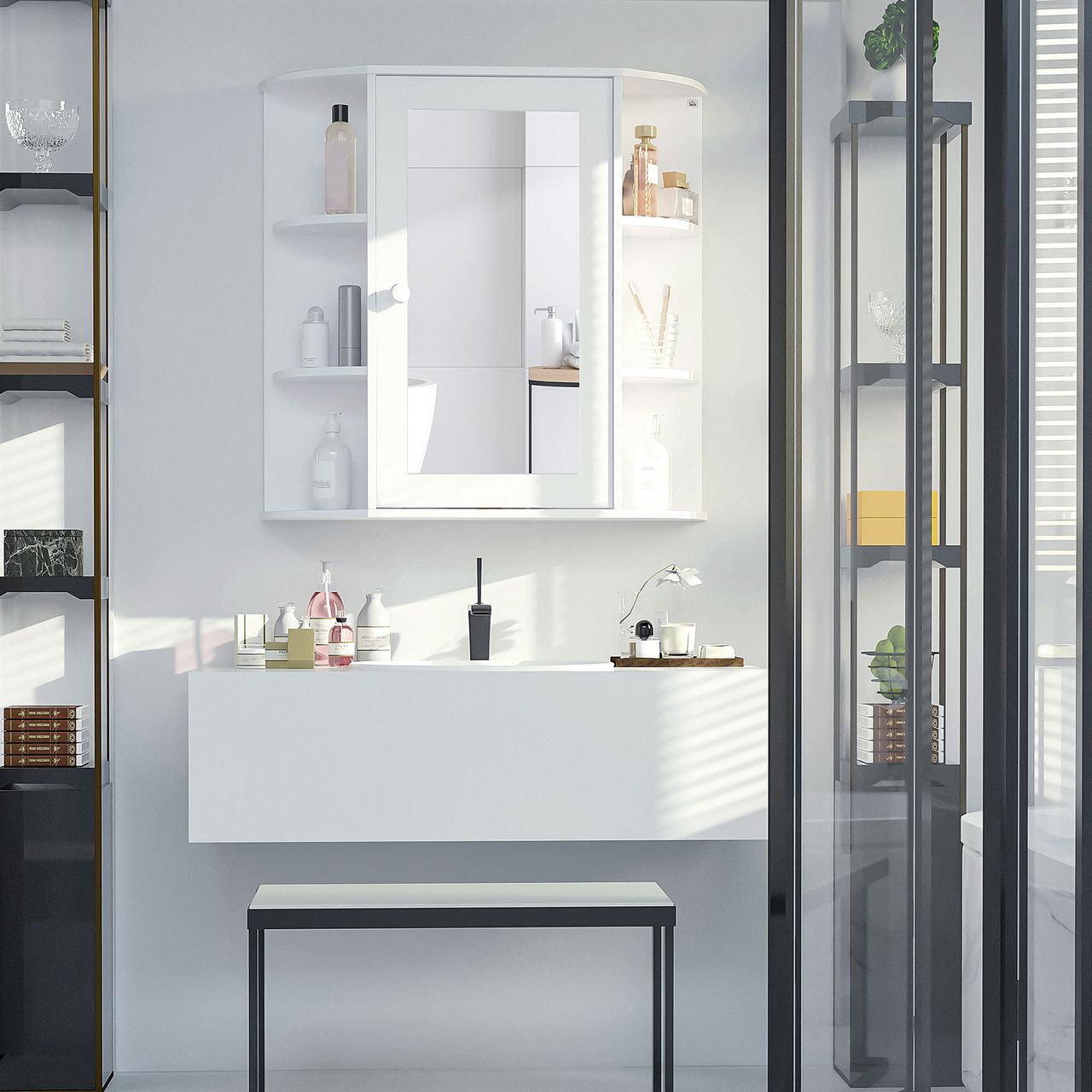 HOMCOM Spiegelschrank Badezimmerregal Badeschrank Wandmontage MDF Weiß
