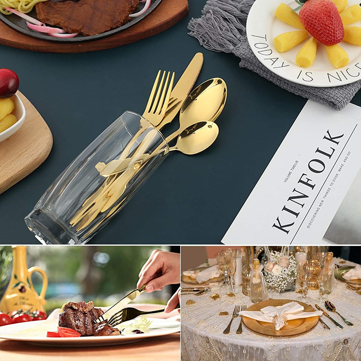 iceagle Besteck-Set 24 Stück Besteck Set, Golden Essbesteck Set 6 Portionen