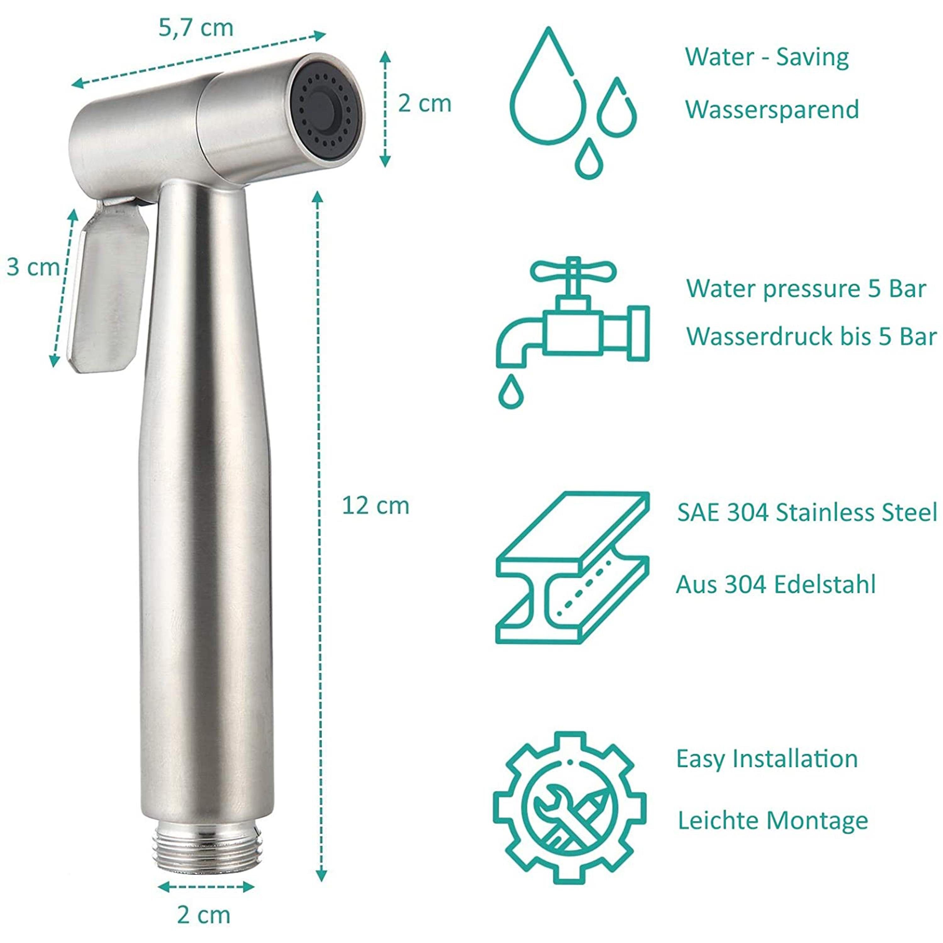 Praknu Bidetarmatur Bidet Handbrause (Set) Duschkopf mit Halterung, rostfreier Edelstahl, inkl. 2 Dichtungen