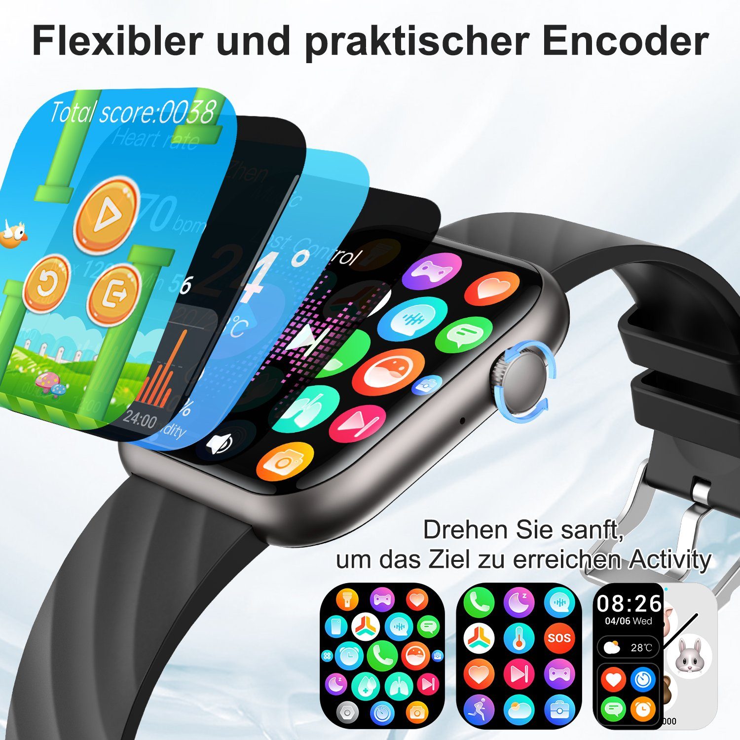 walkbee smartwatch,Fitness Tracker uhr für Damen Herren mit Telefonfunktion Smartwatch (5 cm/1.96 Zoll Full-Touch Zoll) IP67 Wasserdicht Fitness Uhr, 4 Austauschbare Armbänder
