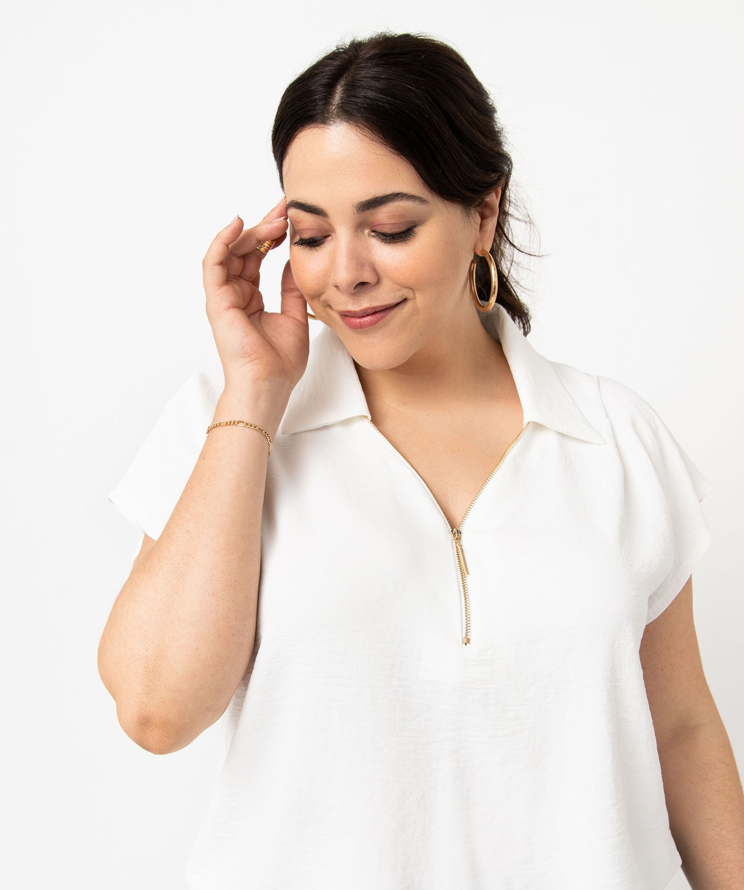 Blouse à manches courtes avec col zippé femme grande taille ecru | GEMO