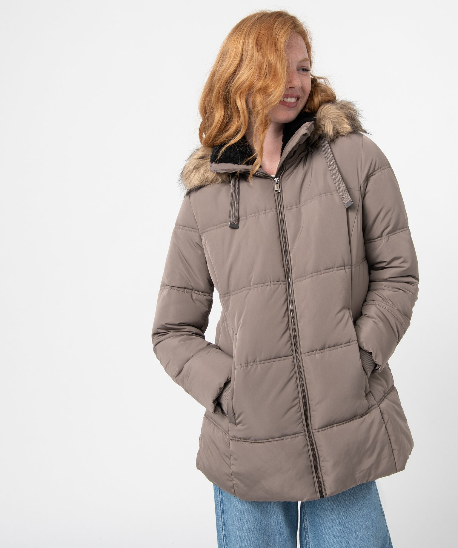 Blouson femme matelassé à col montant et capuche gris | GEMO
