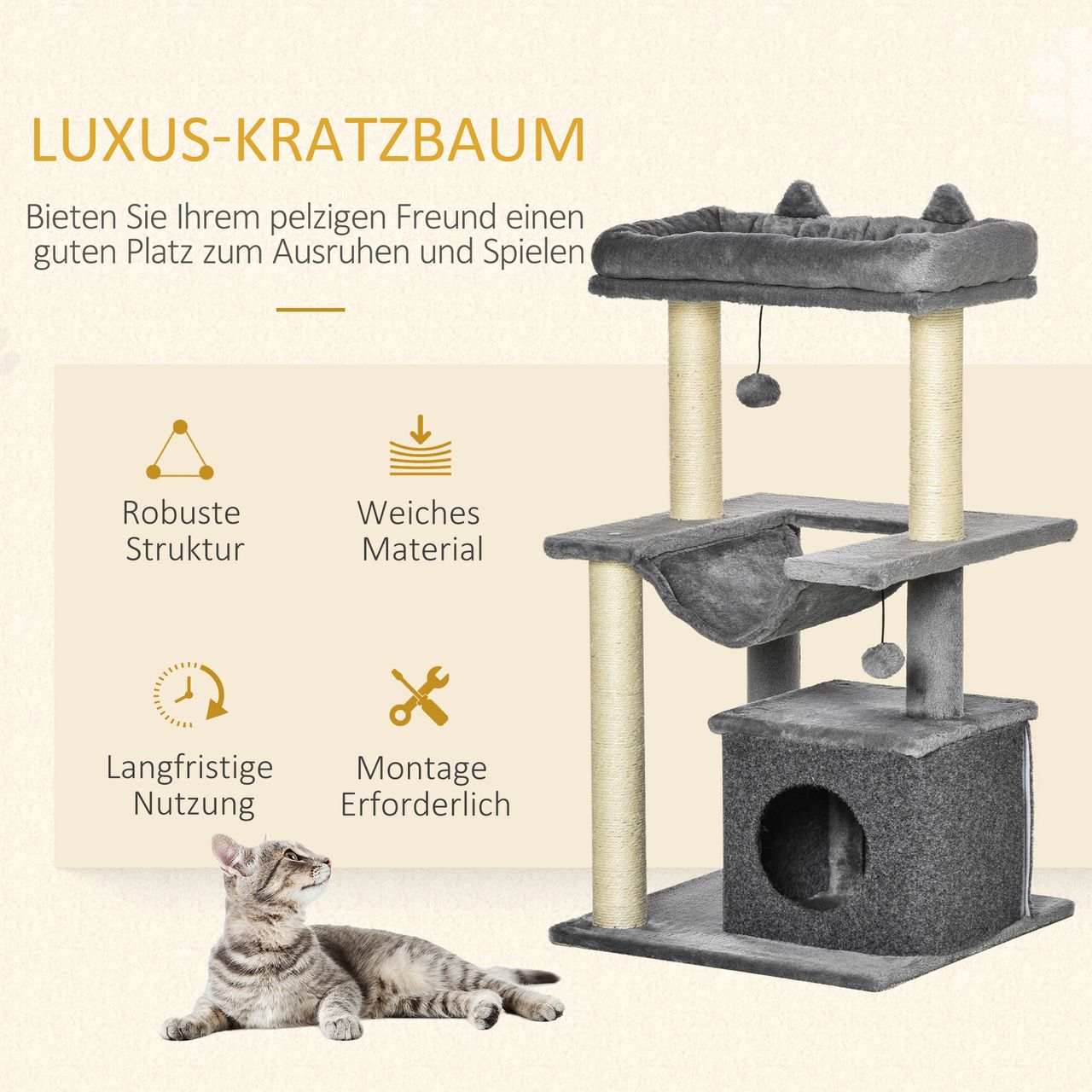 PawHut Katzenbaum 90 cm Kratzbaum mit Hängematte Katzenkratzbaum Plüsch Sisal