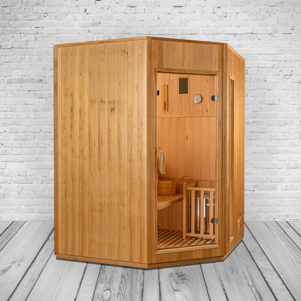 PureHaven Finnische Sauna 150x150x200 cm Harvia Saunaofen für 3 Personen Hemlockholz komplettes Zubehör Saunasteine Glastür Thermometer Beleuchtung
