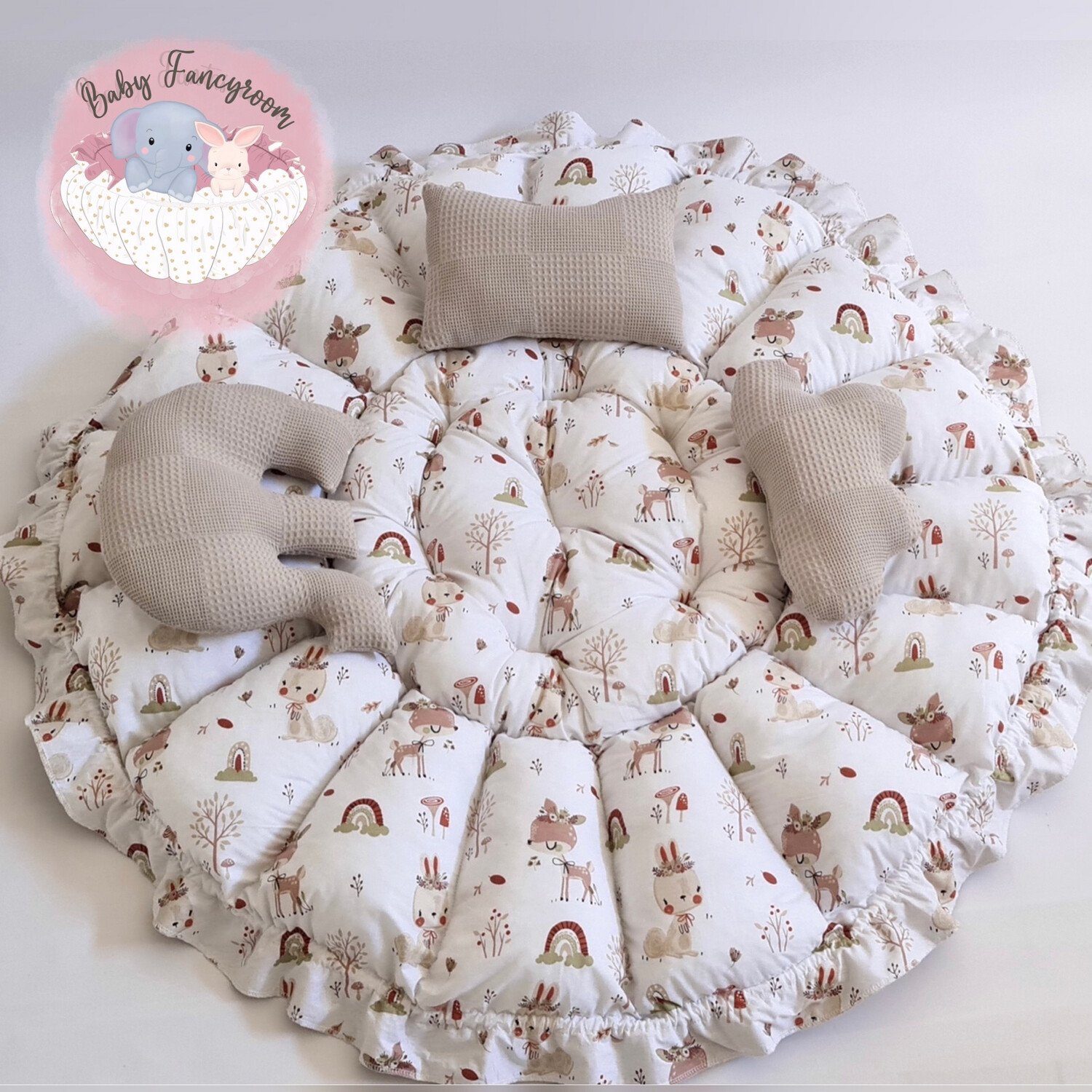 Baby Fancyroom Bettnestchen 2in1 Spielmatte Nestchen Babynestchen Babynest Kuschelnest, (4-tlg. Set mit 3 Motivkissen, dicke Spielmatte Krabbeldecke Spieldecke Kuschelnest), Handmade with Love