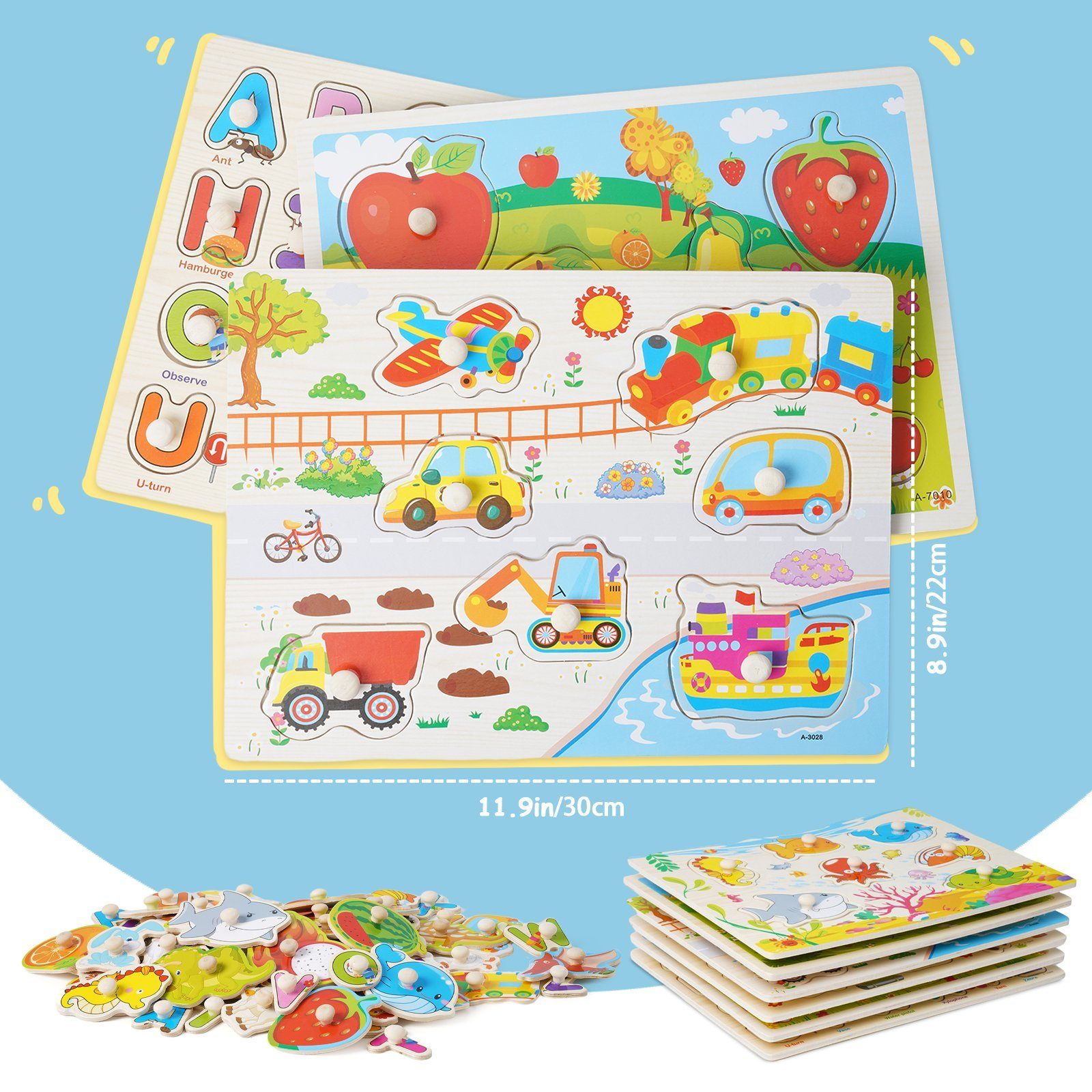 LBLA Lernspielzeug Holzpuzzle-Lernspielzeug: für Spaß und Lernen mit sicheren Materialien (6er Set), Vielfältige Designs( Dinosaurier, Fahrzeug, Bauernhof, Alphabet, Meer, Obst)