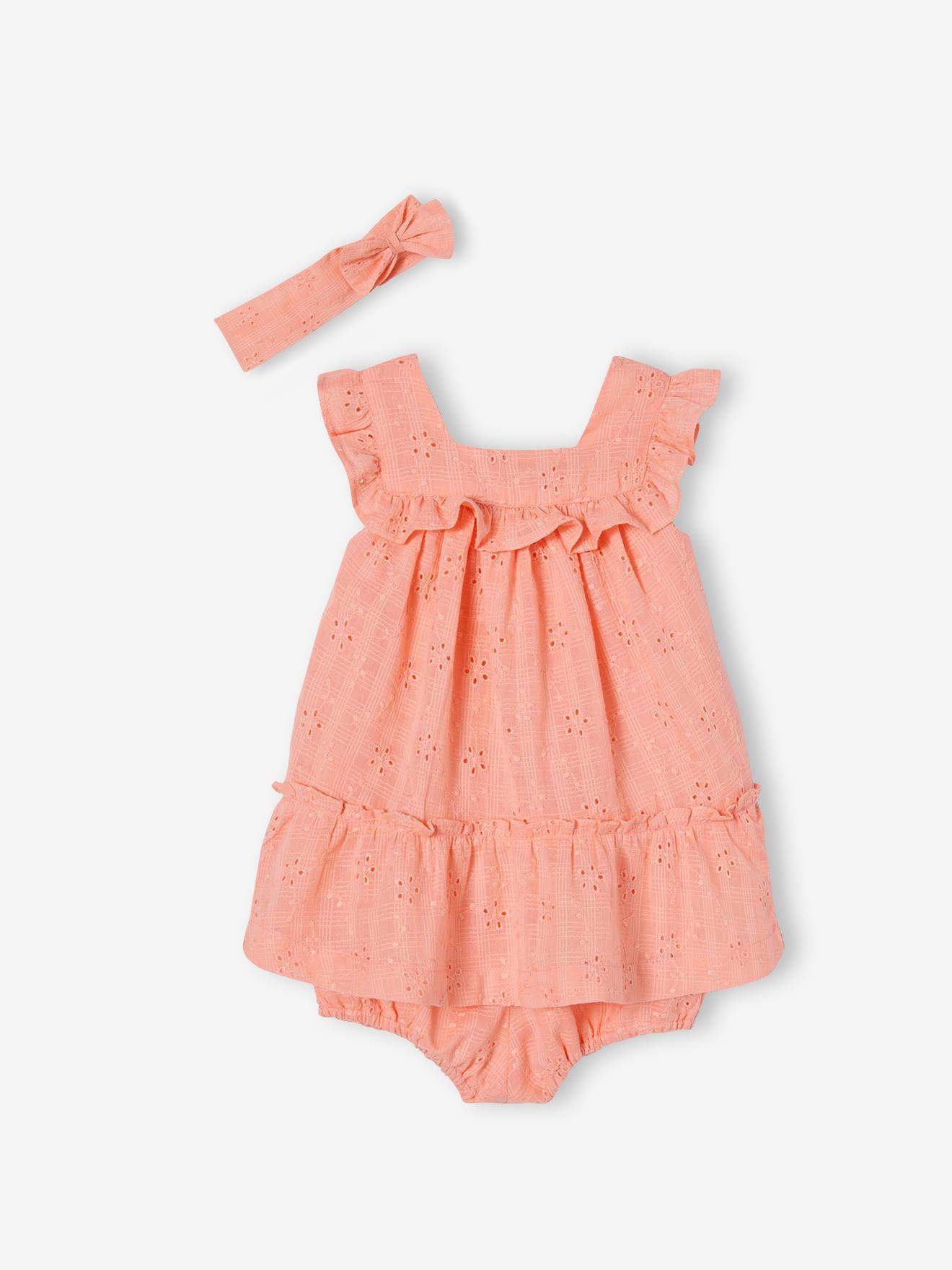 Vertbaudet Mädchen Baby-Set: Kleid, Höschen & Haarband - koralle